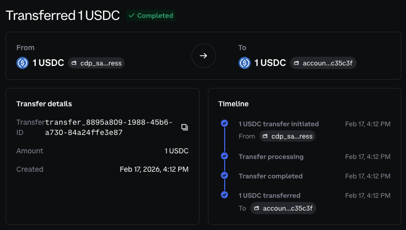 Transfer details page showing completed deposit with timeline