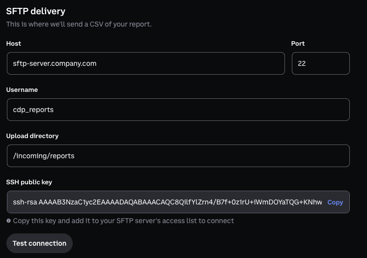 SFTP delivery configuration screen