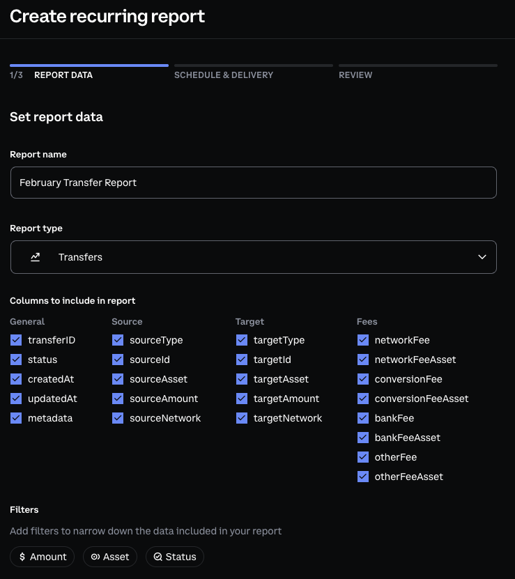 Set report data screen showing column selection and filters