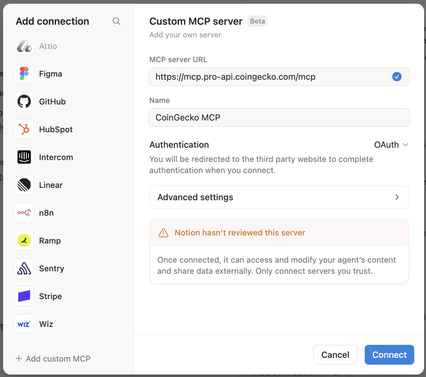 Notion Agent Coingecko Mcp Connection Form