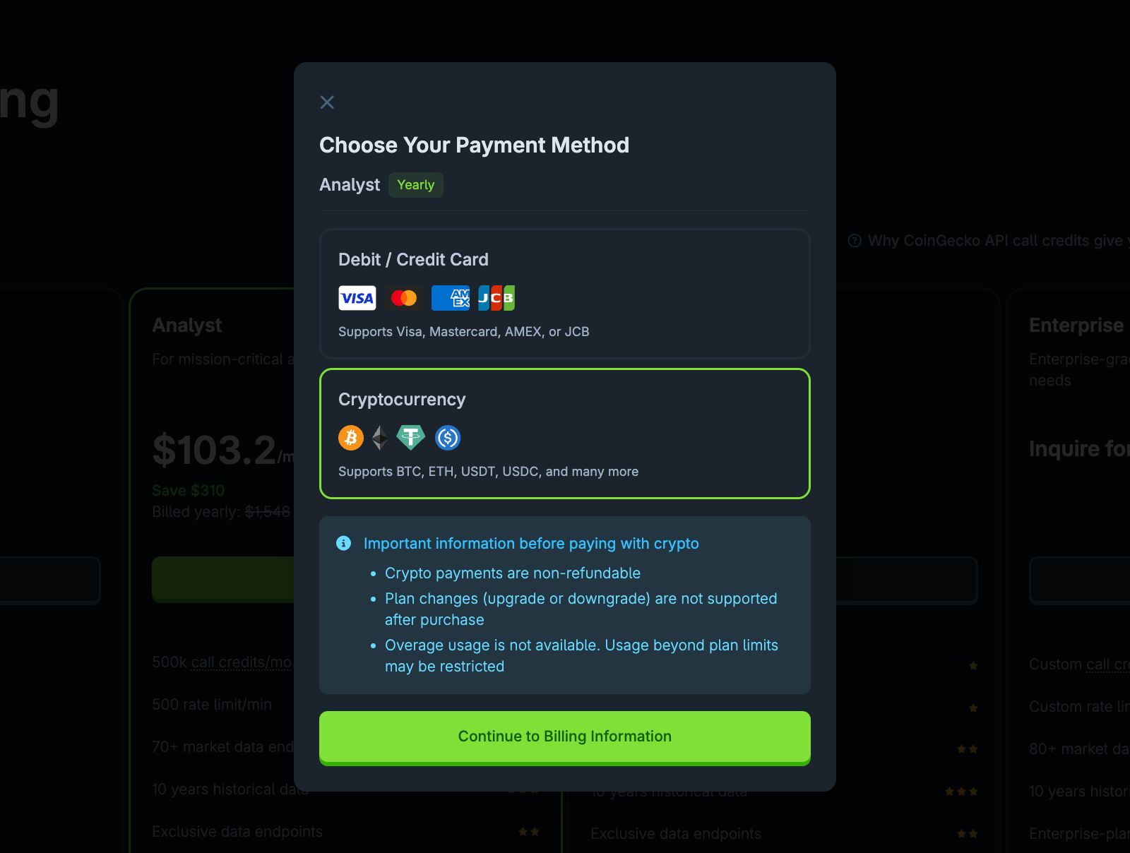 CoinGecko checkout modal with Cryptocurrency selected as the payment method, showing supported tokens and a notice about non-refundable payments, unsupported plan changes, and no overage