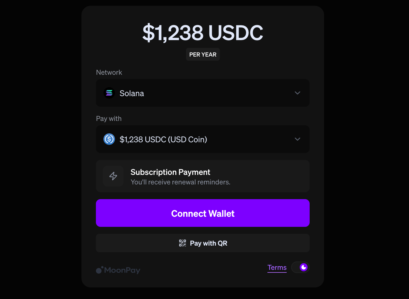 Helio checkout screen showing a $1,238 USDC yearly subscription payment on Solana, with options to connect a wallet or pay with QR code