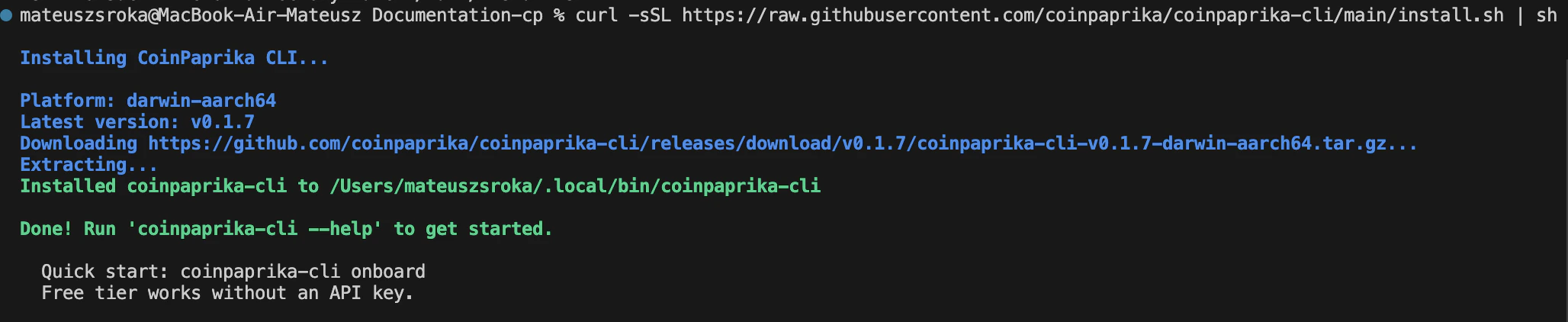 Terminal output showing coinpaprika-cli install script completing successfully