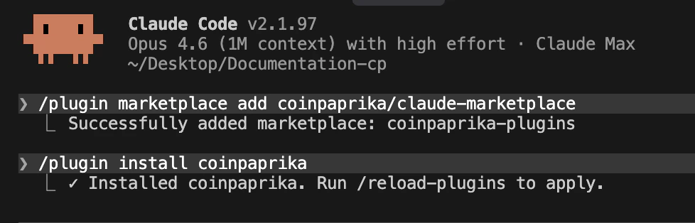 Terminal output showing /plugin install coinpaprika completing successfully in Claude Code