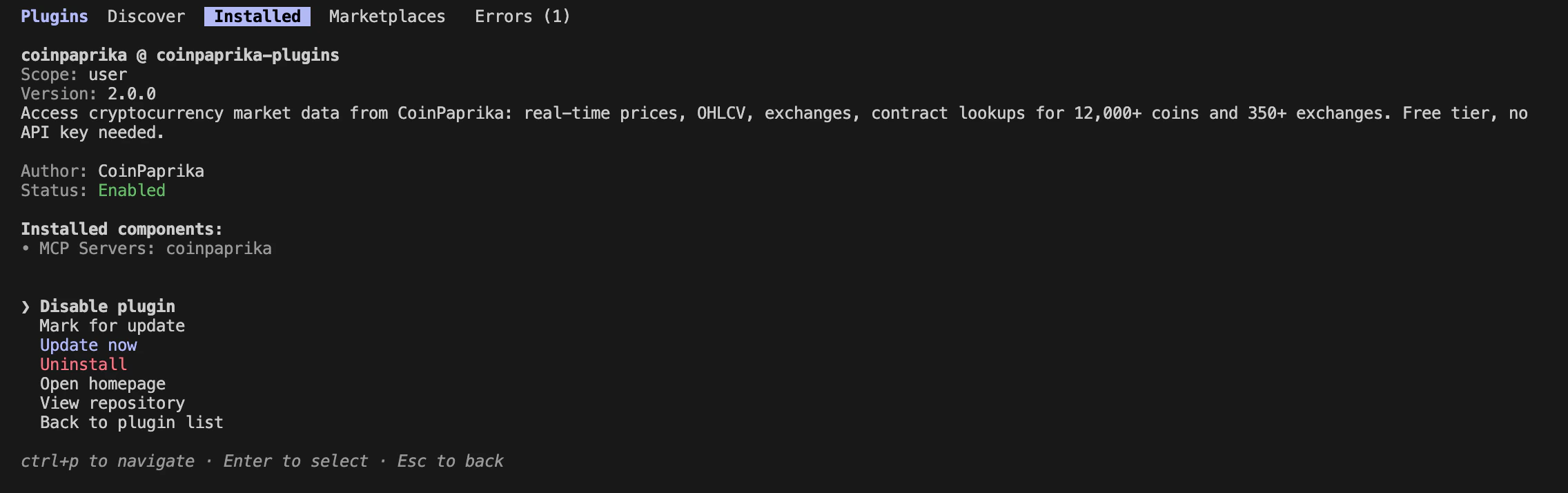 Claude Code terminal showing CoinPaprika plugin with available crypto data tools listed