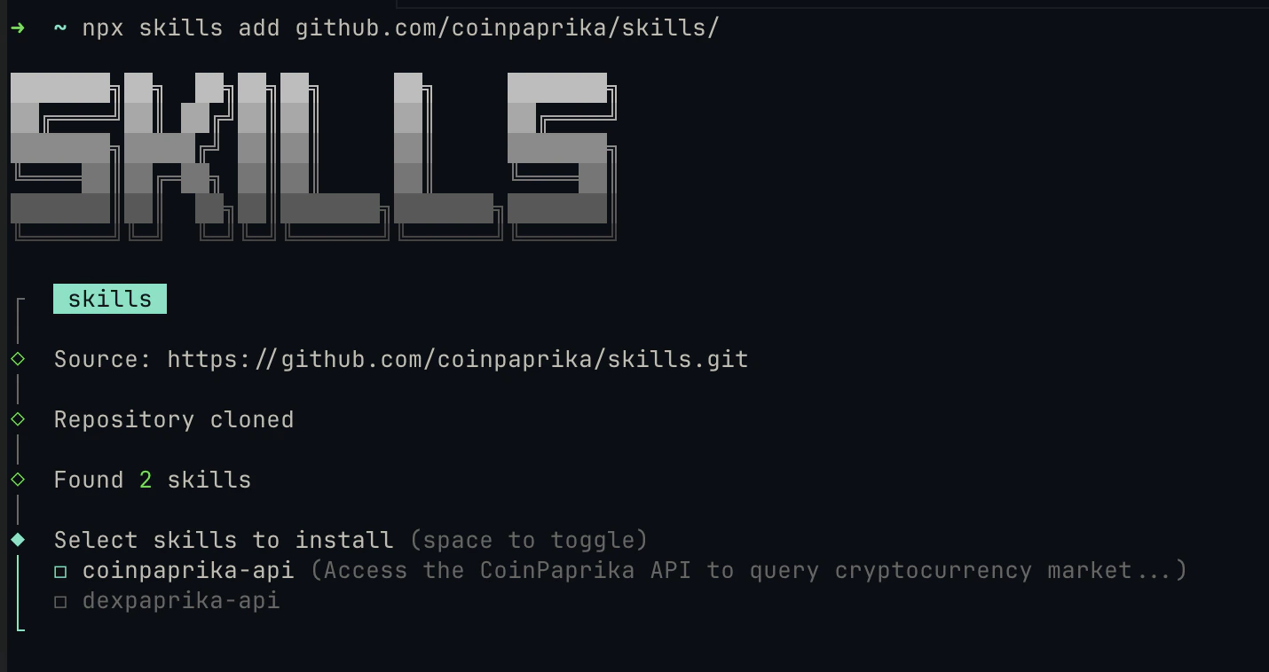 Terminal output showing npx skills add github.com/coinpaprika/skills/ --skill coinpaprika-api completing successfully
