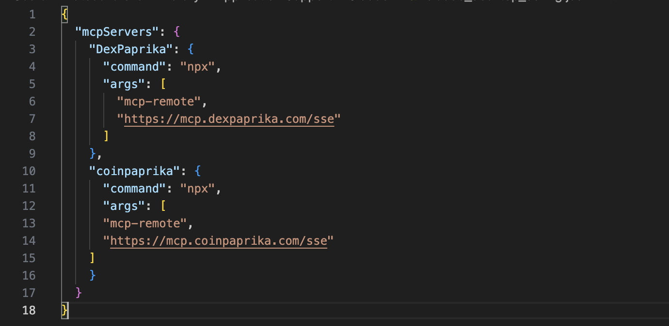 Screenshot showing the configuration file open in a text editor with the MCP server config added