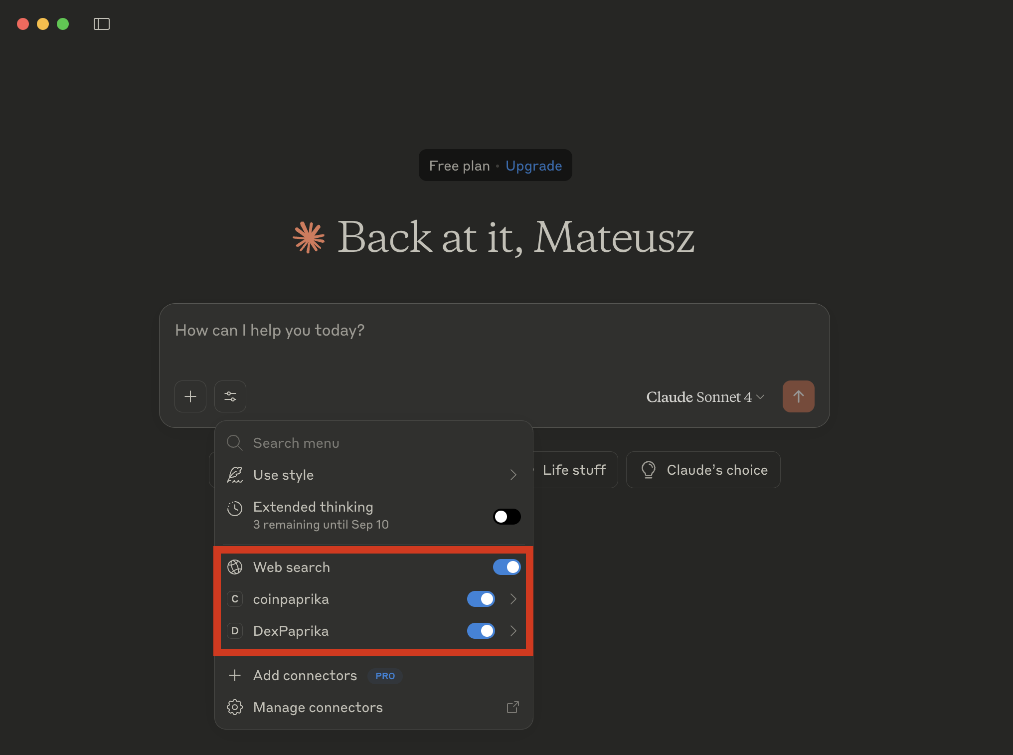 Screenshot showing the AI assistant interface with CoinPaprika tools visible in the tools list
