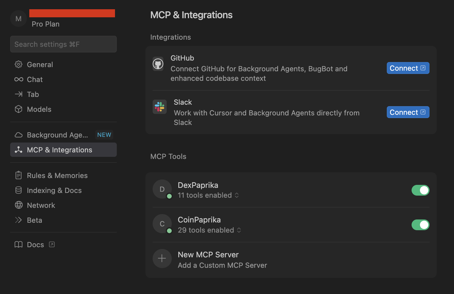 Screenshot showing Cursor settings panel open