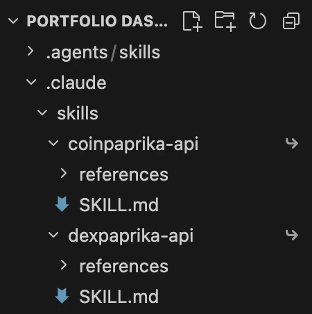 File tree showing .claude/skills/dexpaprika-api/ directory containing SKILL.md and references folder with openapi.yml, cli-reference.md, and streaming-api.md