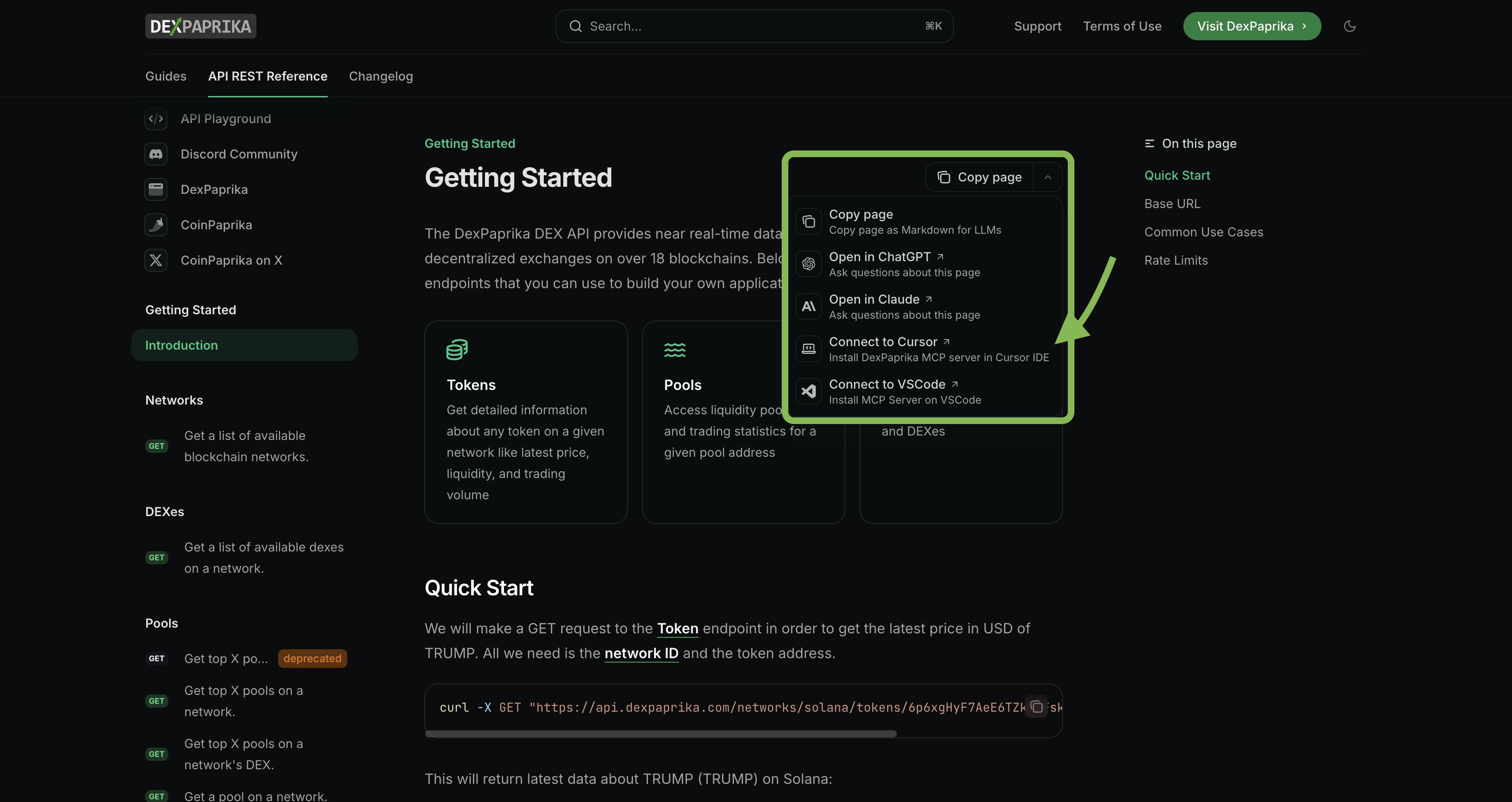 Screenshot showing the 'Connect to Cursor' button highlighted in the documentation sidebar, with the button text 'Install MCP Server on Cursor' visible