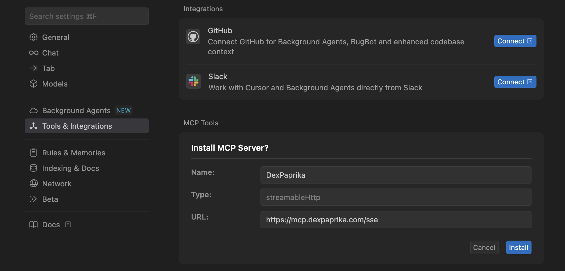 Screenshot of Cursor IDE showing the MCP server configuration dialog with URL field highlighted and 'https://mcp.dexpaprika.com/sse' entered