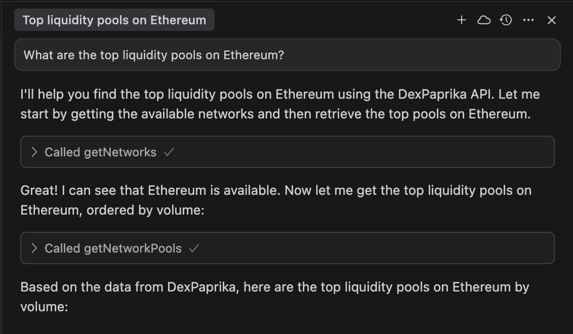 Screenshot of Cursor IDE chat interface showing a conversation with Claude, displaying DexPaprika data response with pool information including volume, TVL, and token pairs