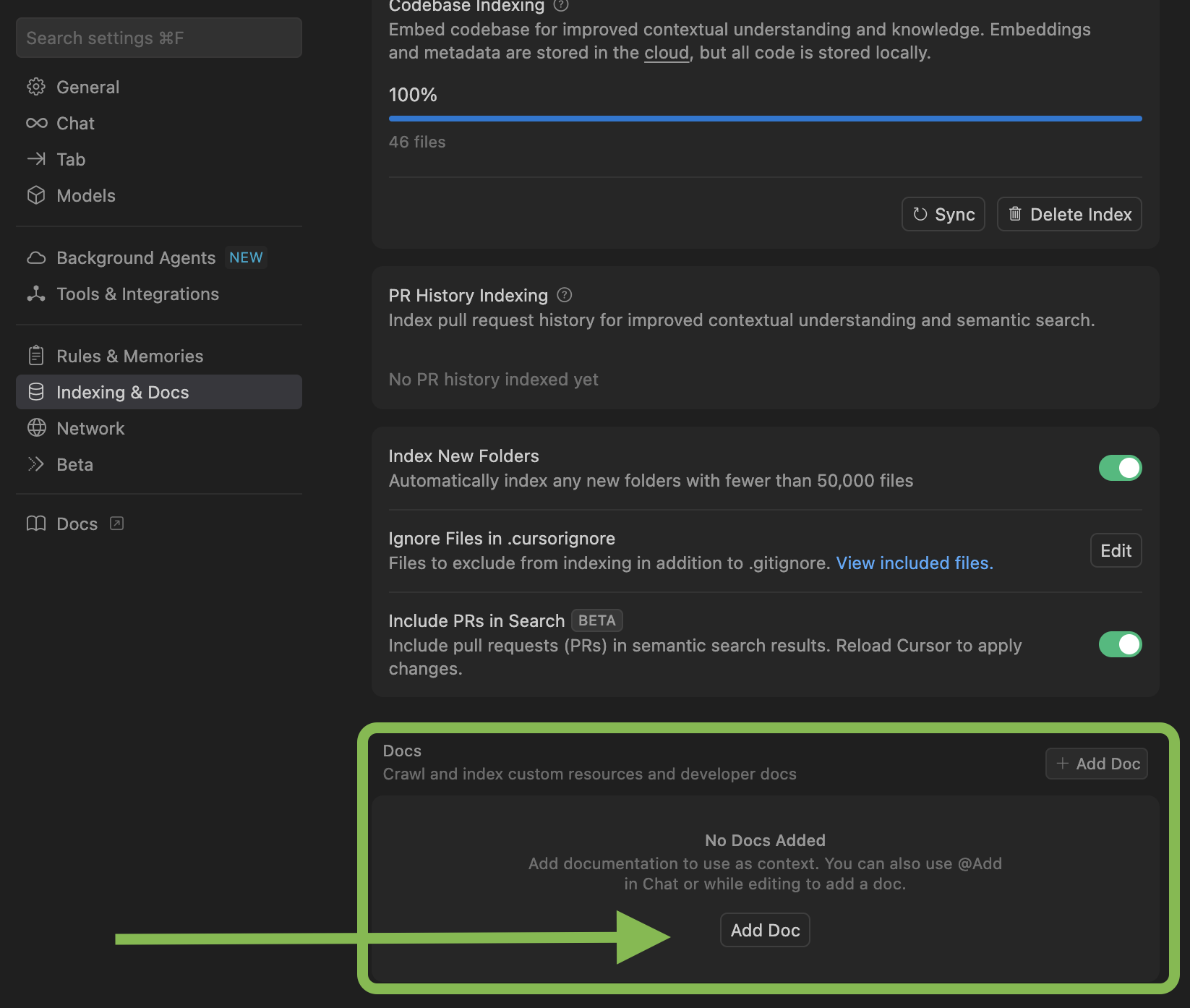 Screenshot of Cursor IDE settings panel showing the Indexing & Docs section with the Docs area highlighted