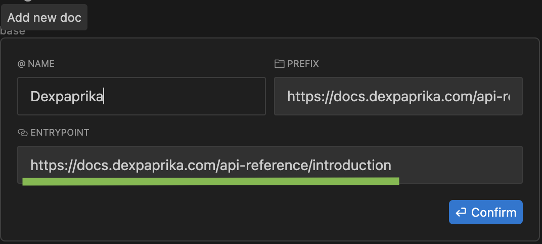 Screenshot of Cursor IDE showing the Add Doc dialog with DexPaprika API Reference name and URL filled out