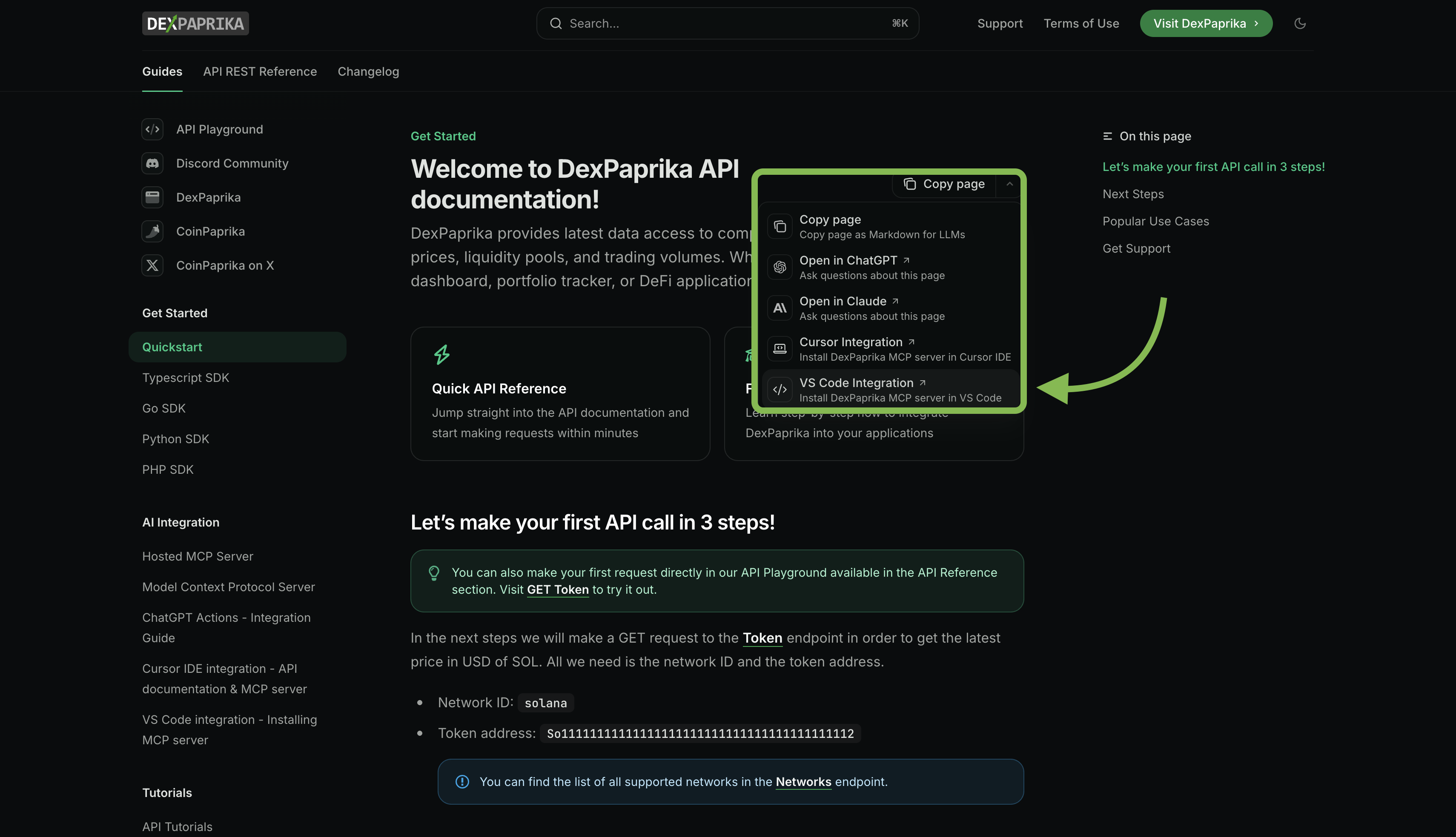 Screenshot showing the 'Connect to VS Code' button highlighted in the documentation sidebar with the button text visible