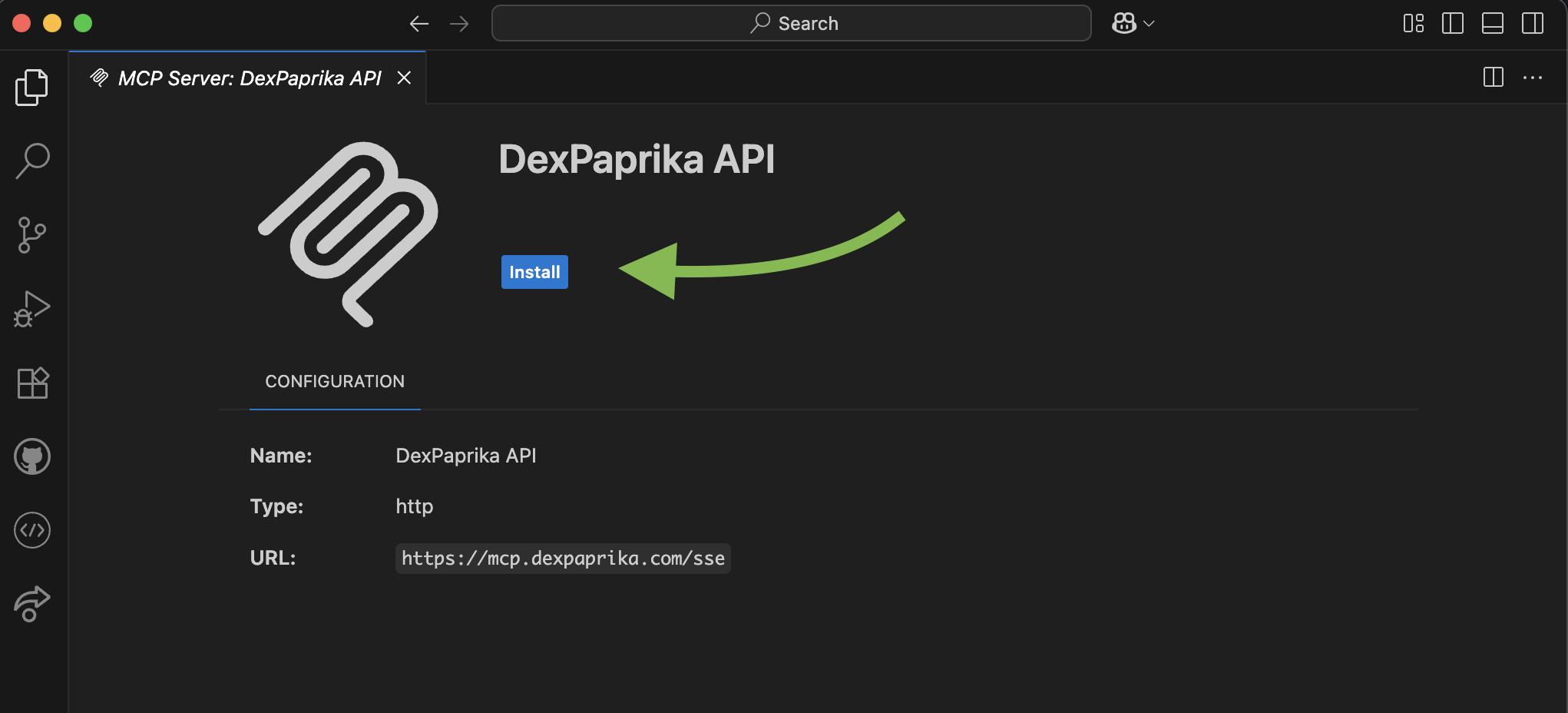 VS Code MCP server configuration dialog with 'https://mcp.dexpaprika.com/sse' entered in the URL field