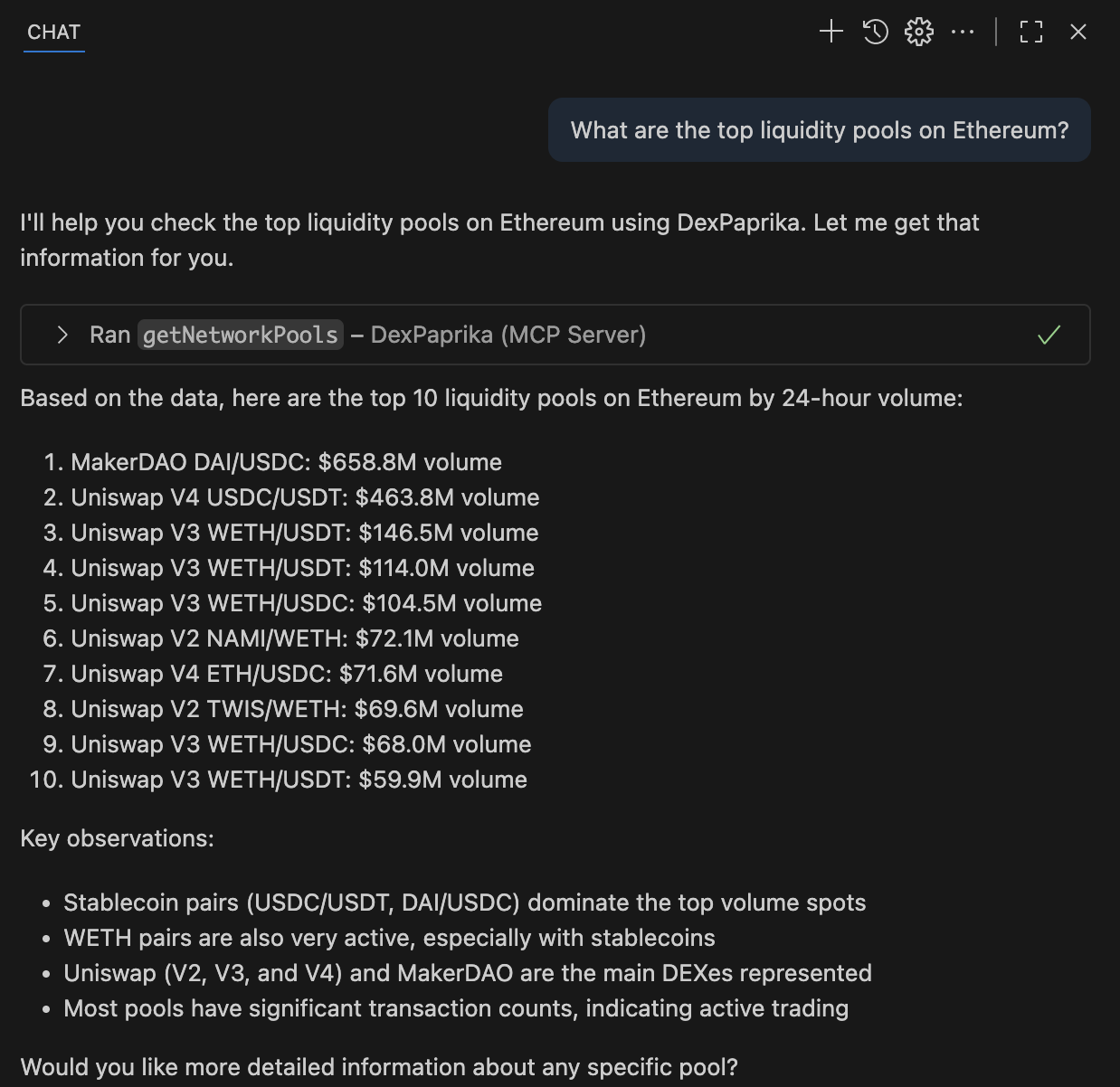 VS Code Copilot Chat showing a response with DexPaprika pool data including volume, TVL, and token pairs