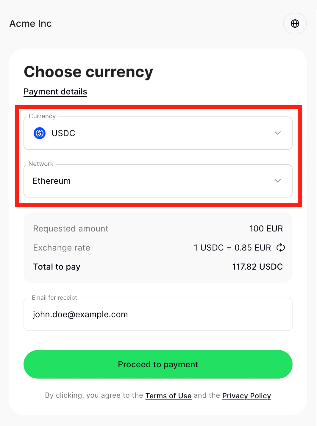 Currency selection