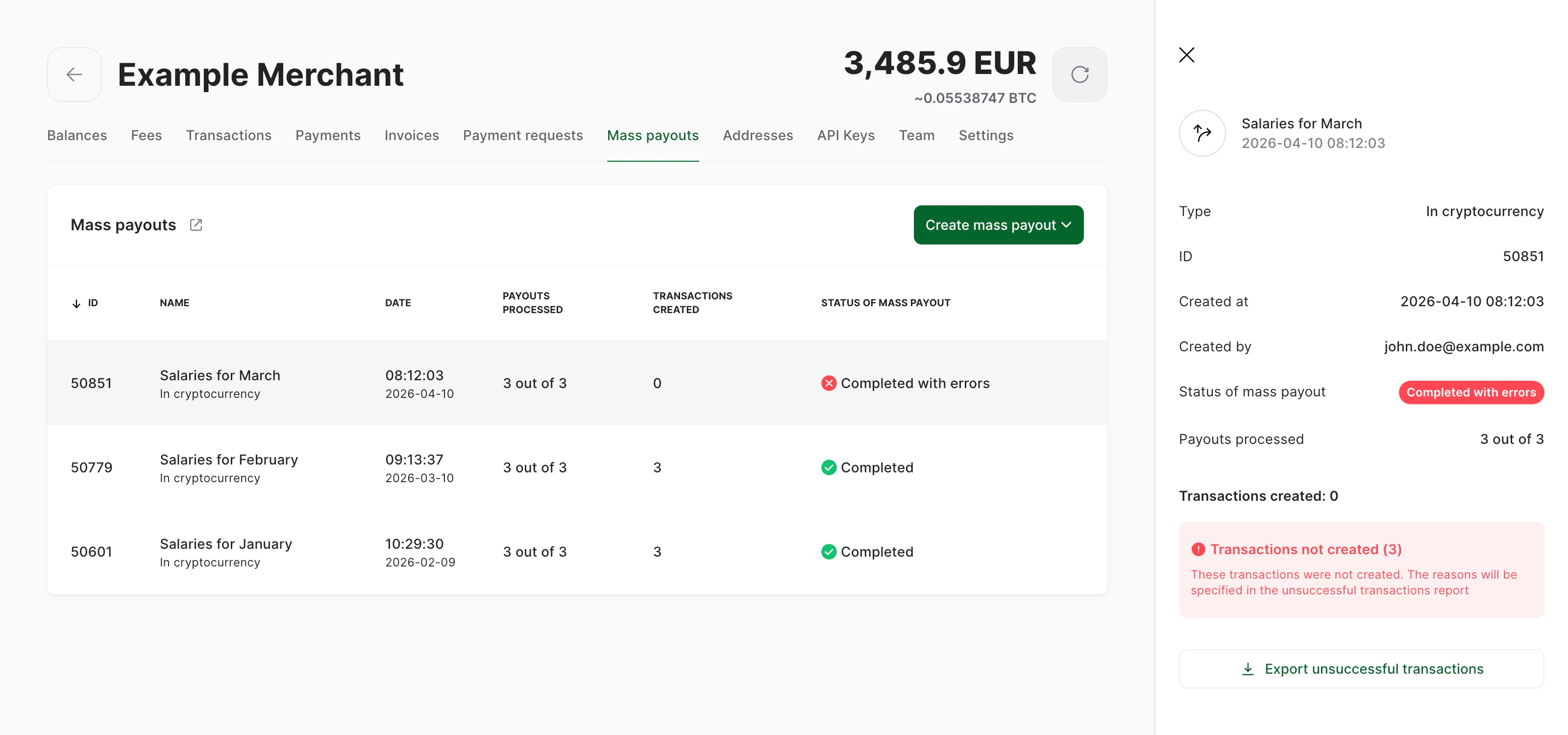 Unsuccessful Mass Payouts