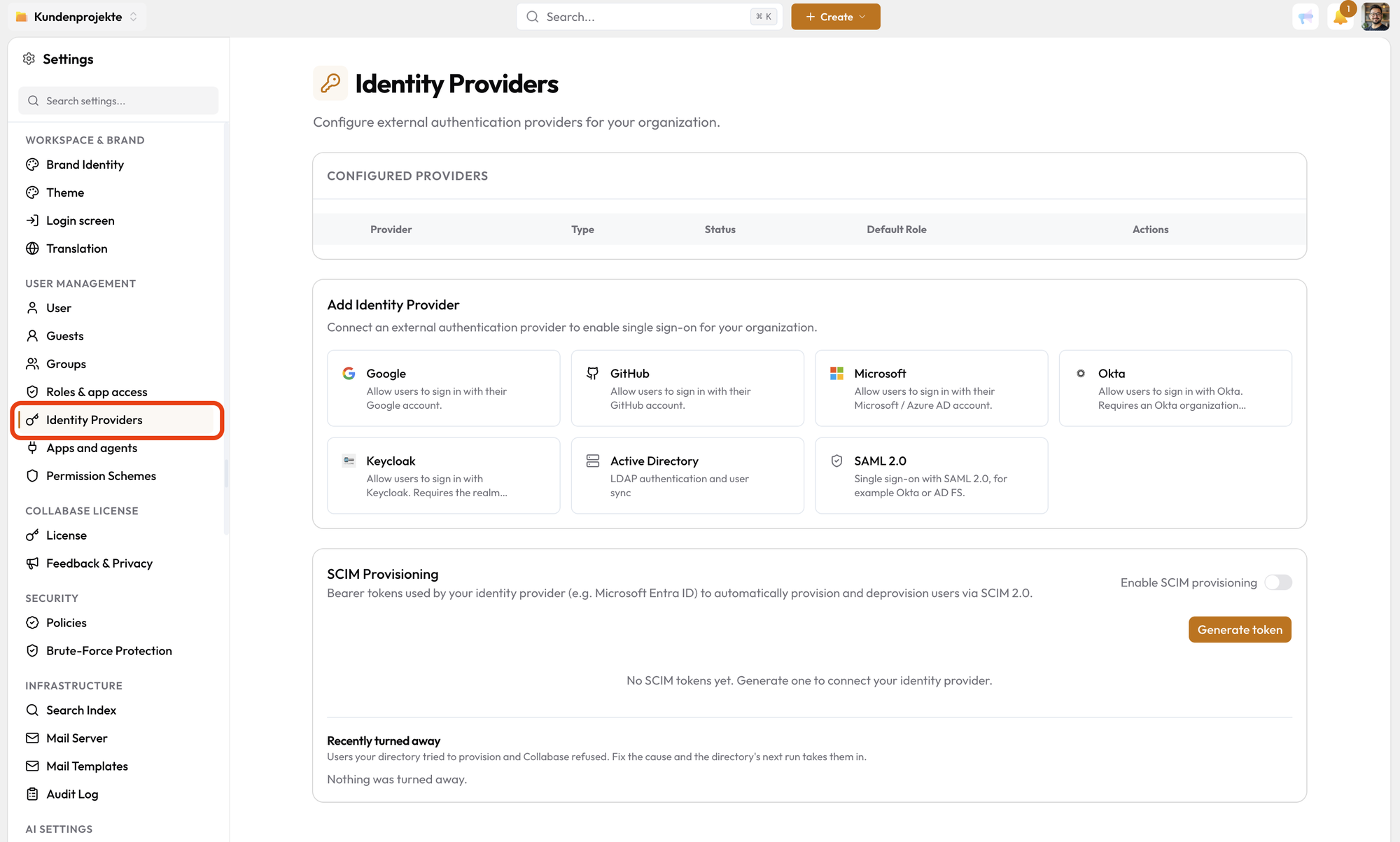 The Identity Providers page with the providers you can add and the SCIM Provisioning card