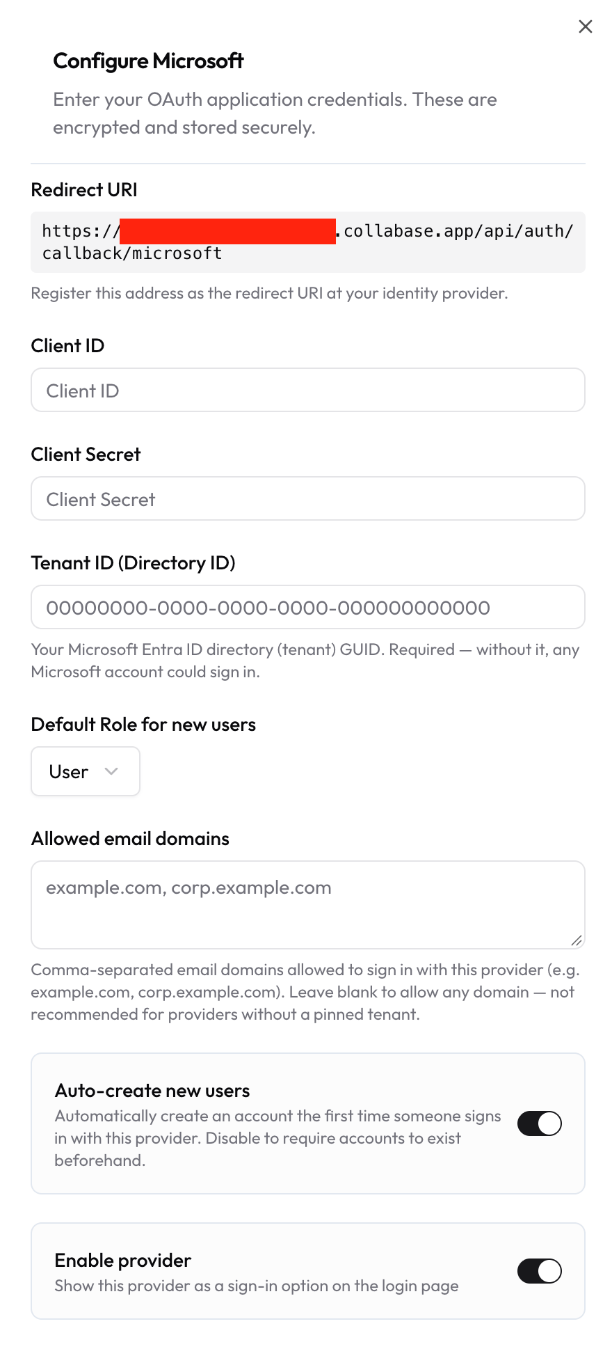 The Configure Microsoft panel with redirect URI, client ID, client secret, tenant ID, default role, allowed email domains and the two switches