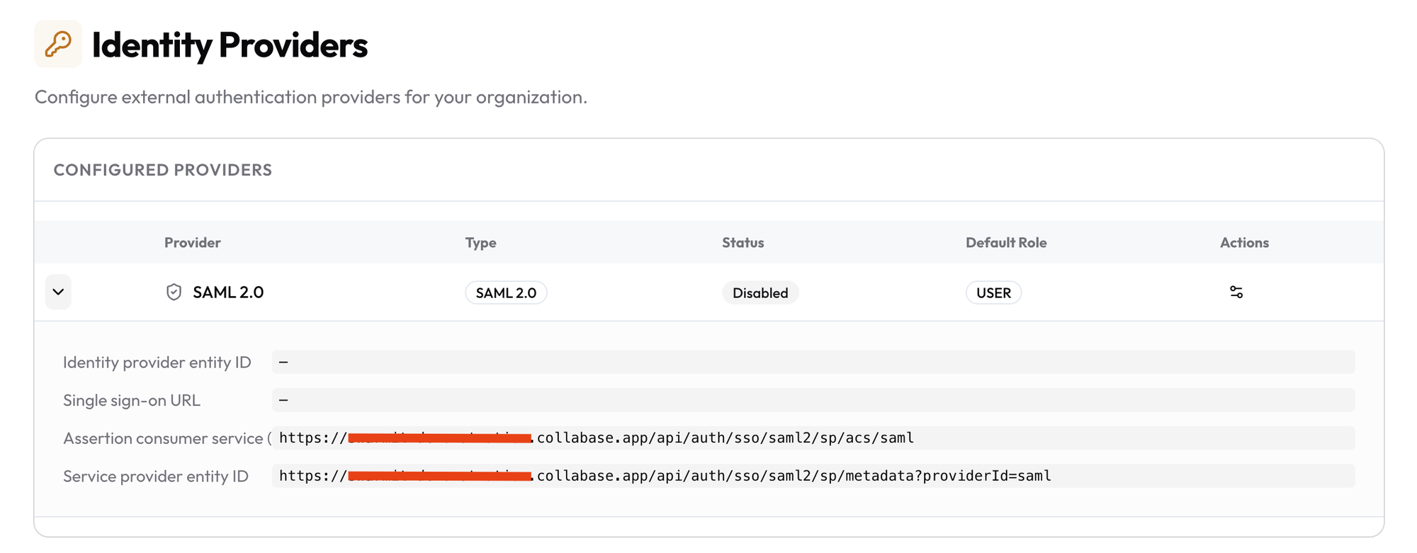 The expanded SAML 2.0 row on the Identity Providers page