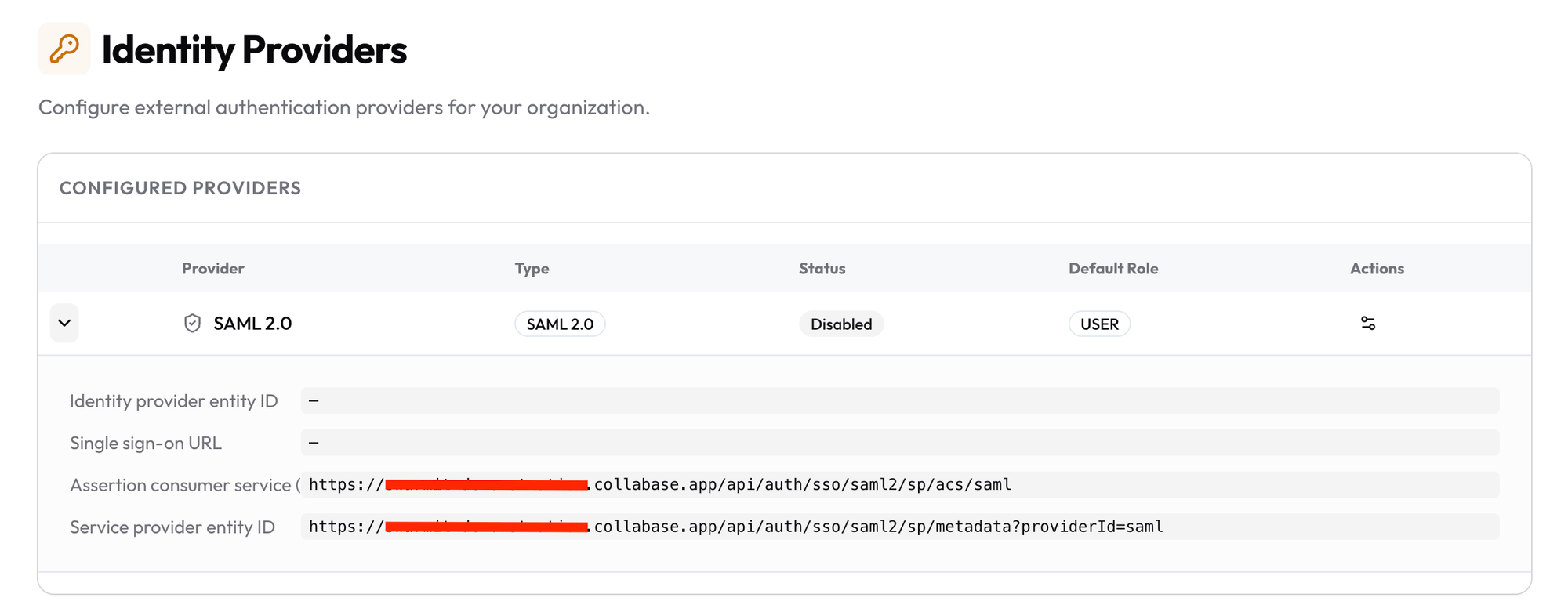 The expanded SAML 2.0 row on the Identity Providers page