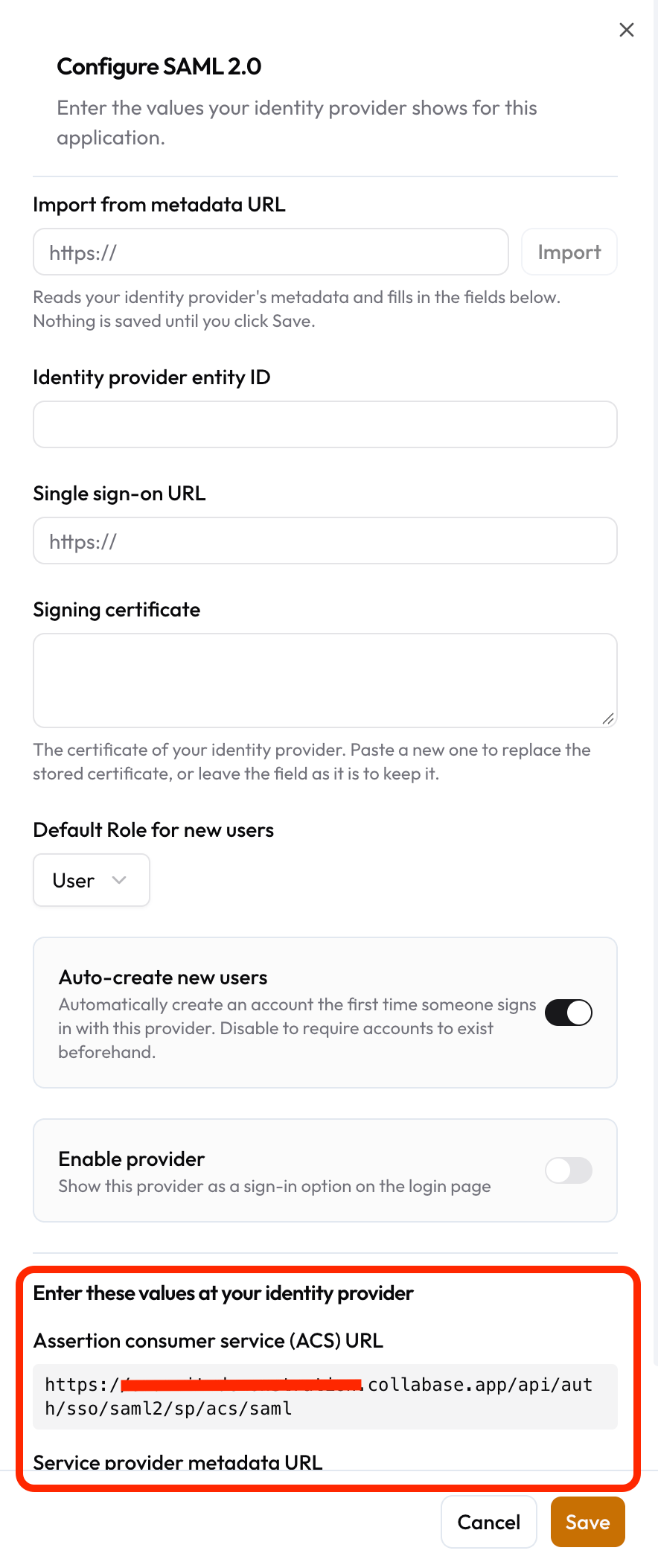 The Configure SAML 2.0 panel with the import field, the three provider values, the behavior switches and the values for your identity provider