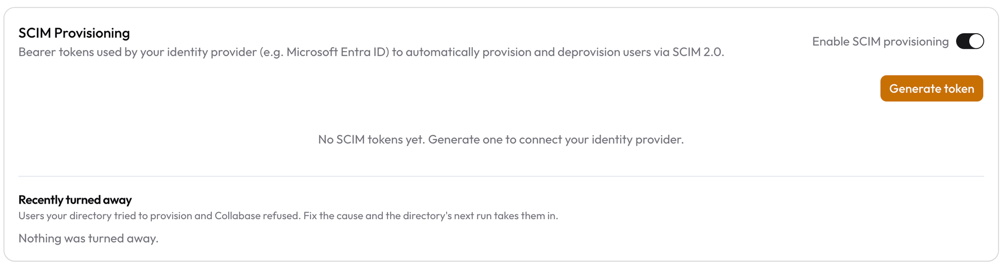 The SCIM Provisioning card with the enable switch, the token list and the Recently turned away list