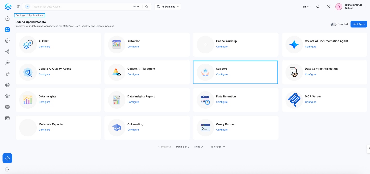 Settings → Applications → Support