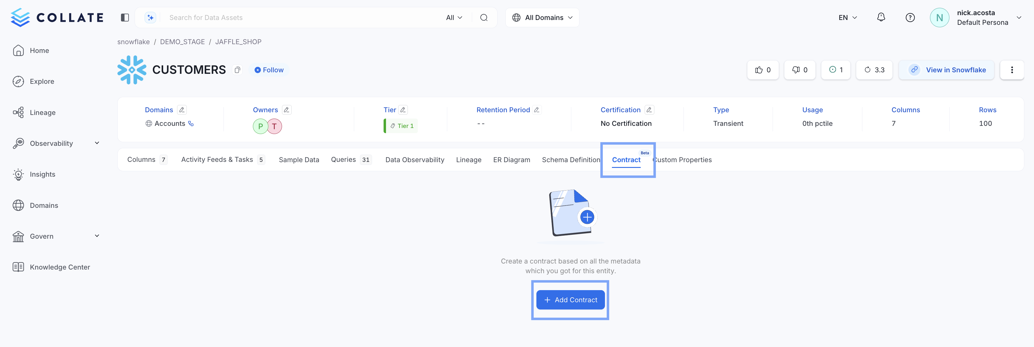 Adding a Data Contract to an Collate Table