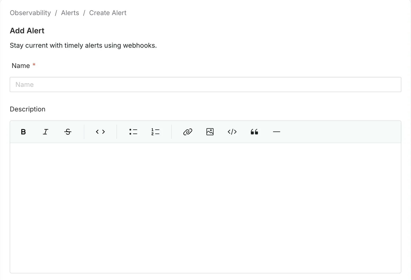 Input fields for Alert Name and Description