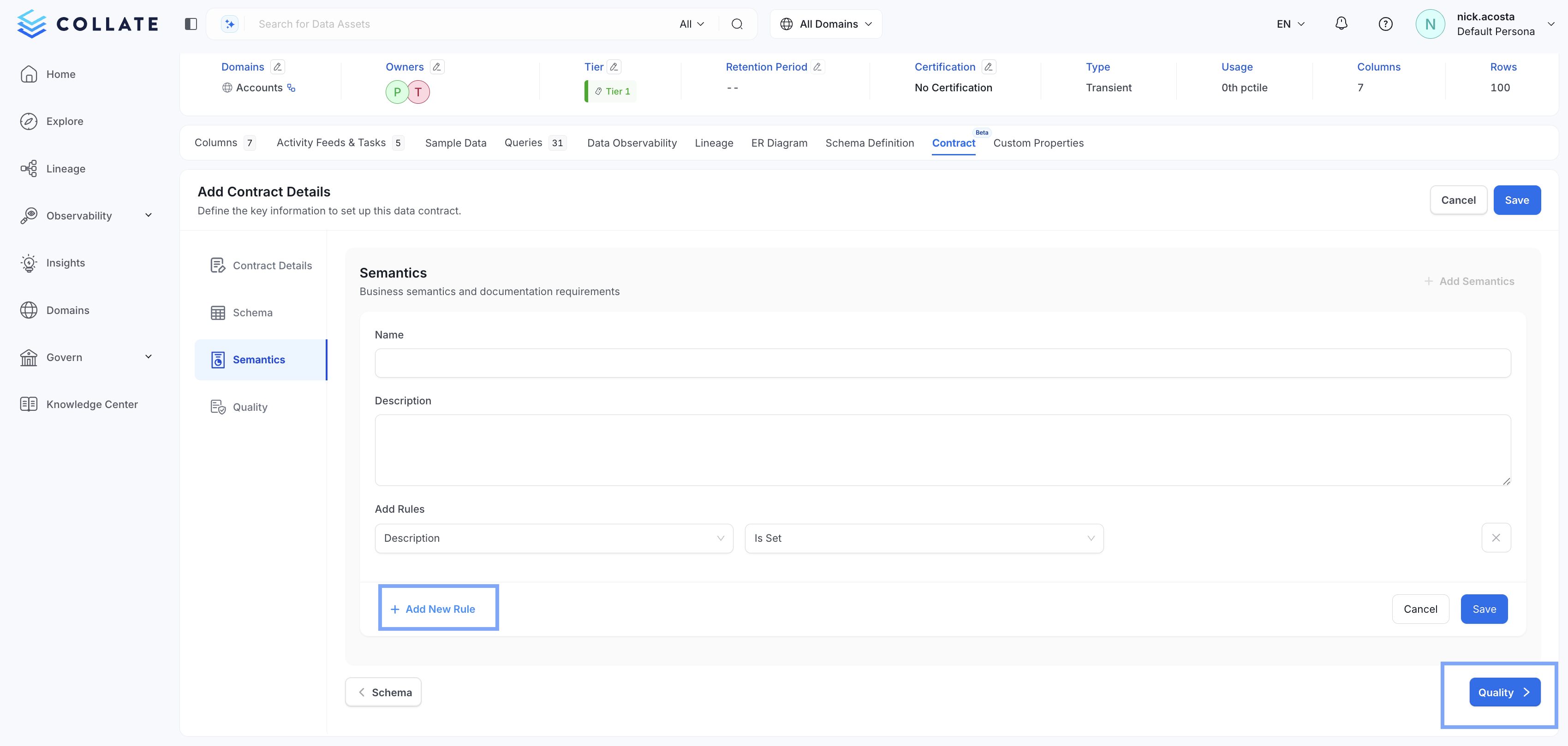 Adding more rules to an Collate Data Contract