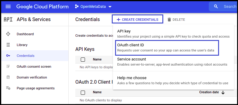 Screenshot of the Google Cloud console Credentials page showing the 'OAuth client ID' option in the Create credentials dropdown.