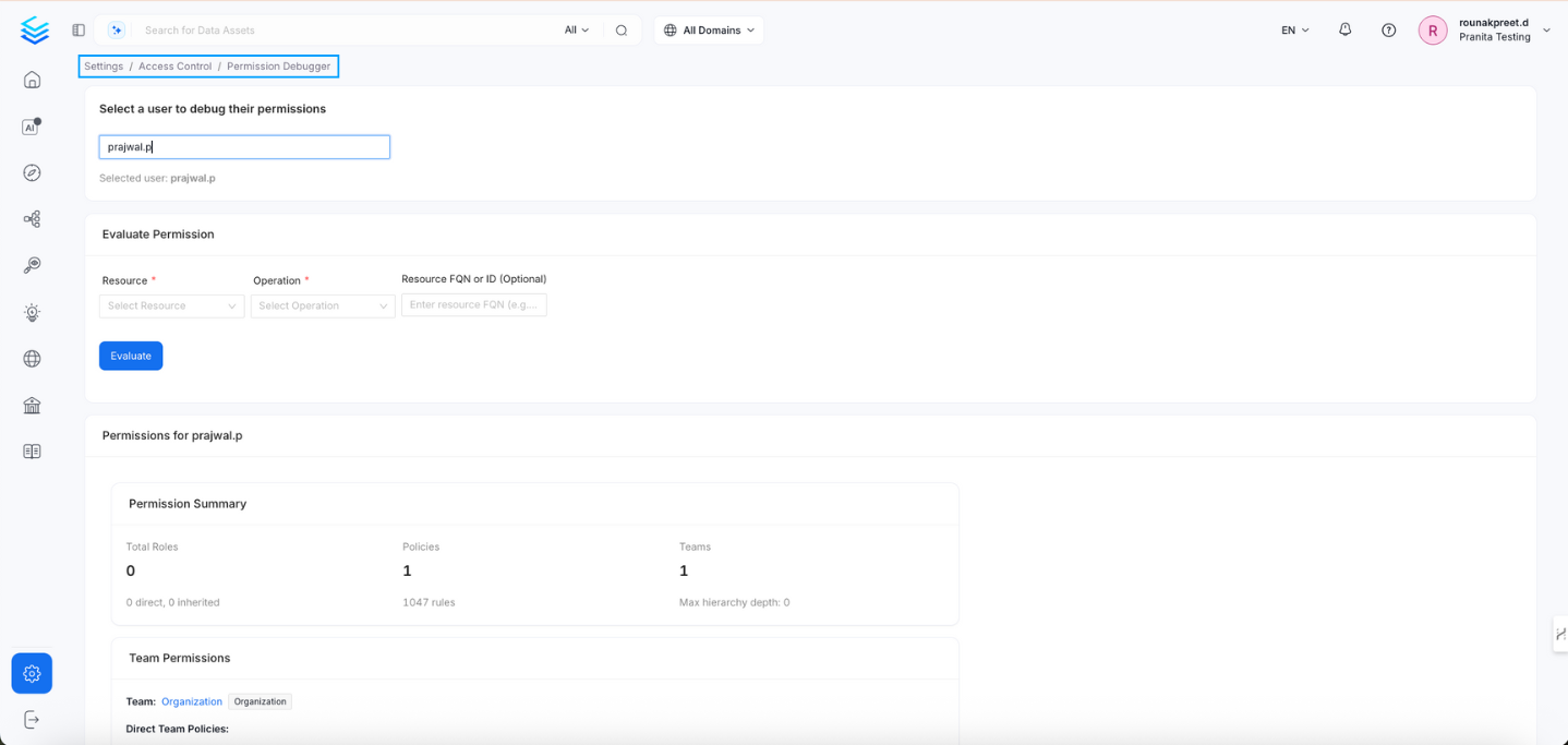Select a User in Permission Debugger