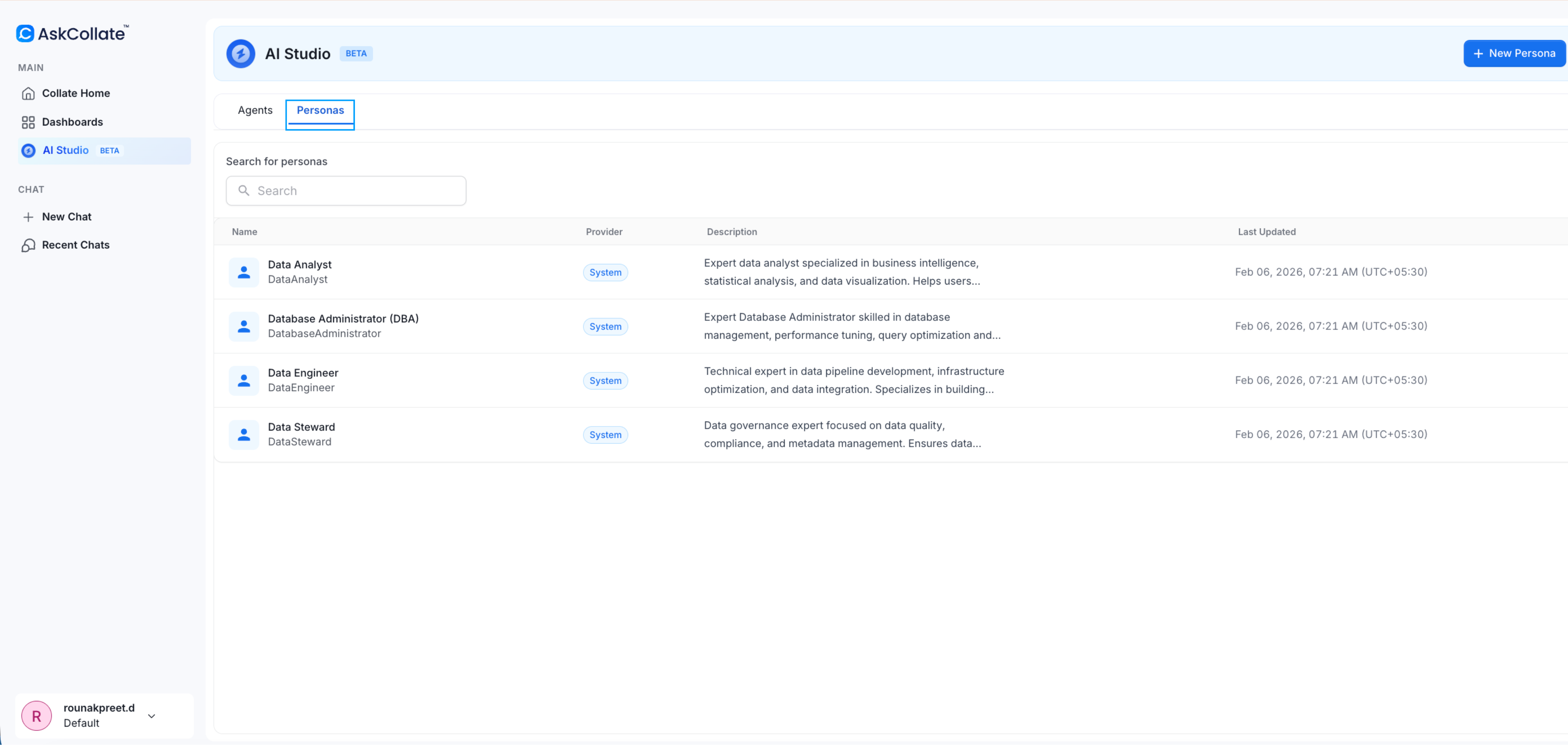 Personas tab in AI Studio