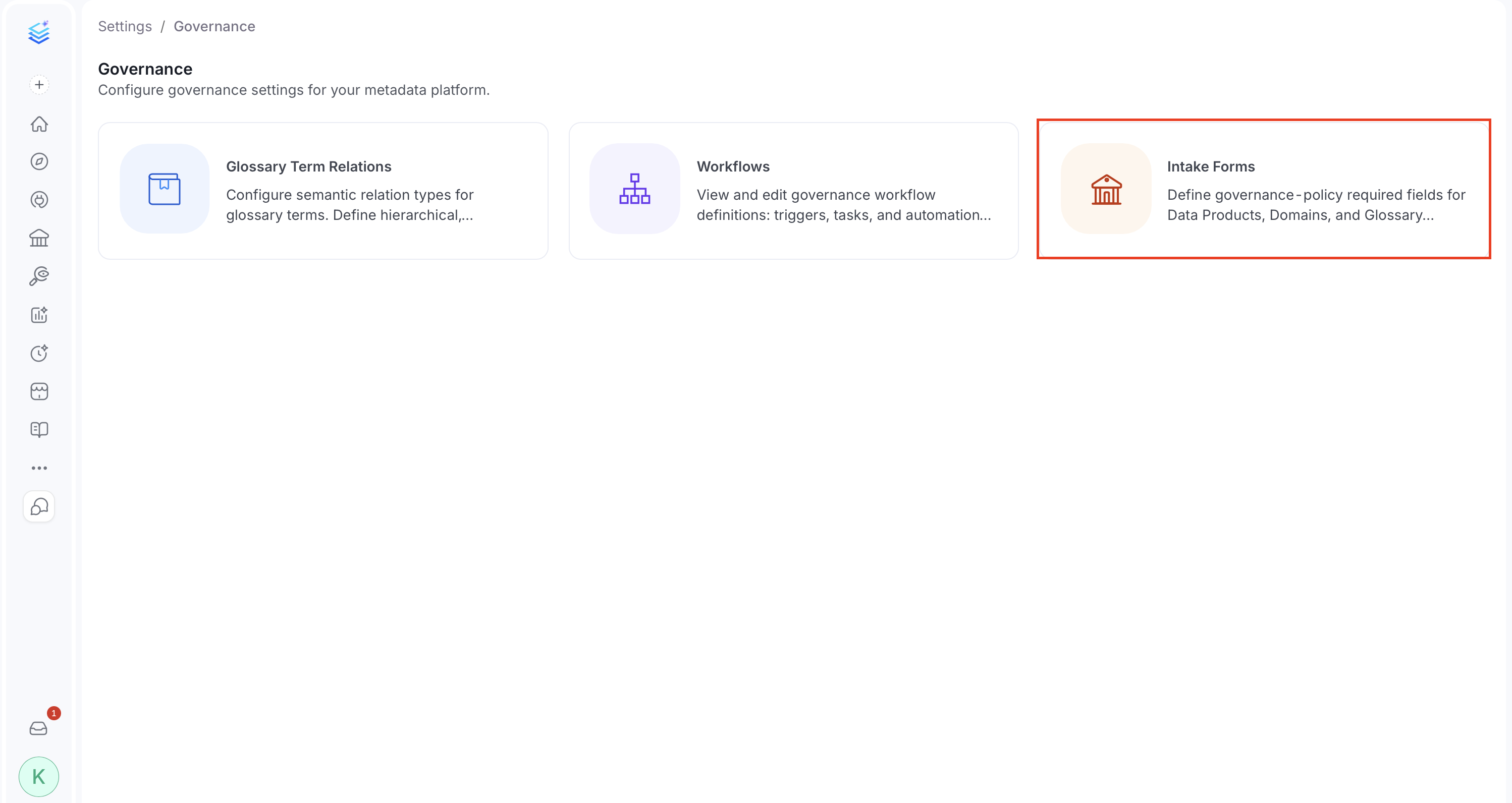 Intake Forms card under Settings > Governance