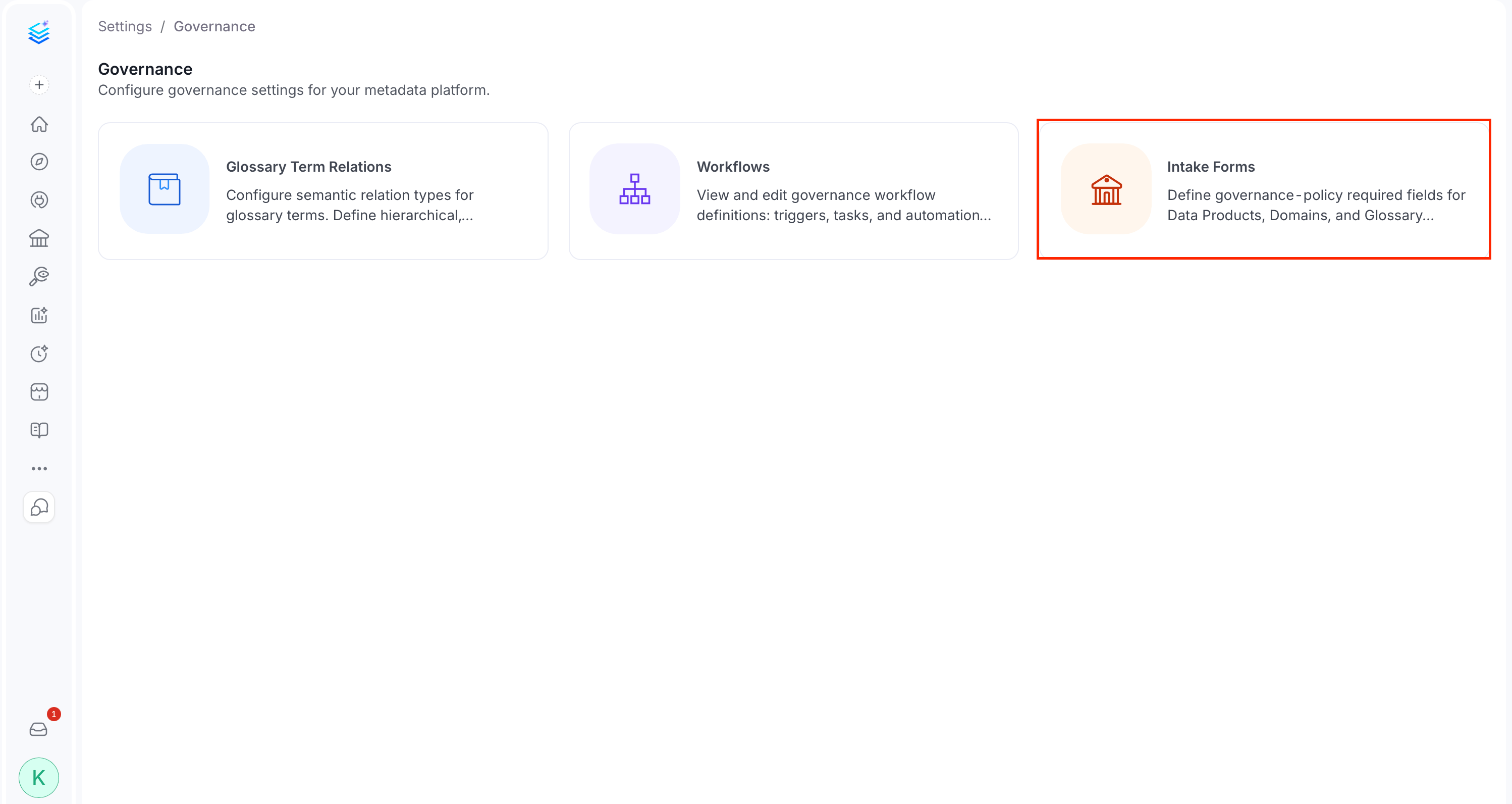 Intake Forms card under Settings > Governance
