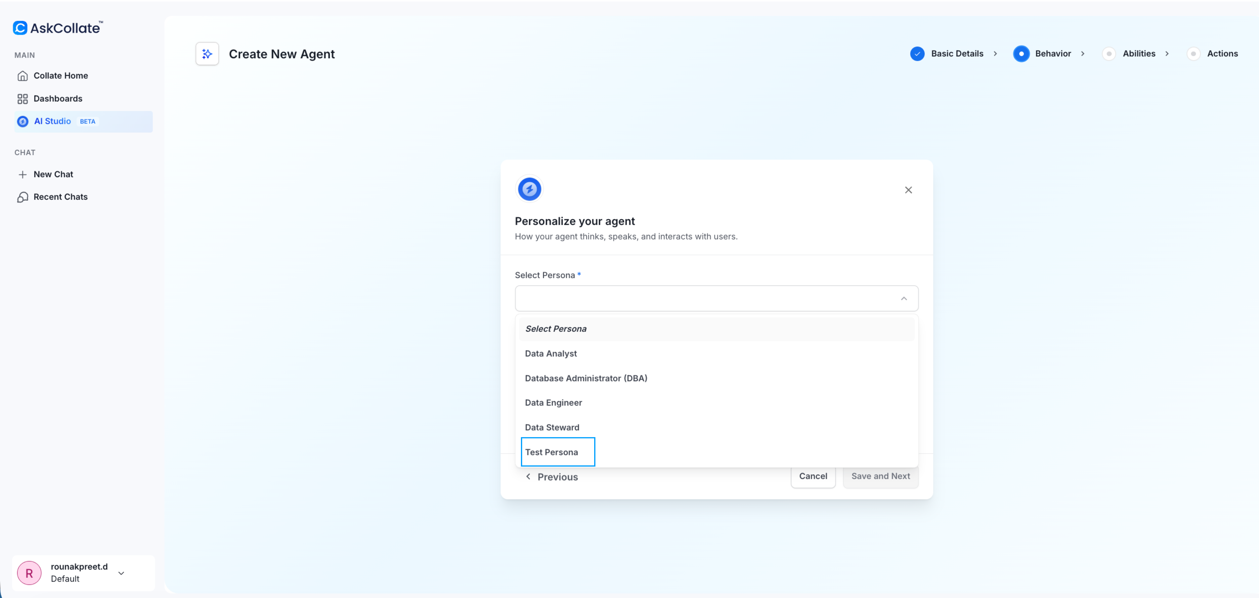 select persona when creating new agents