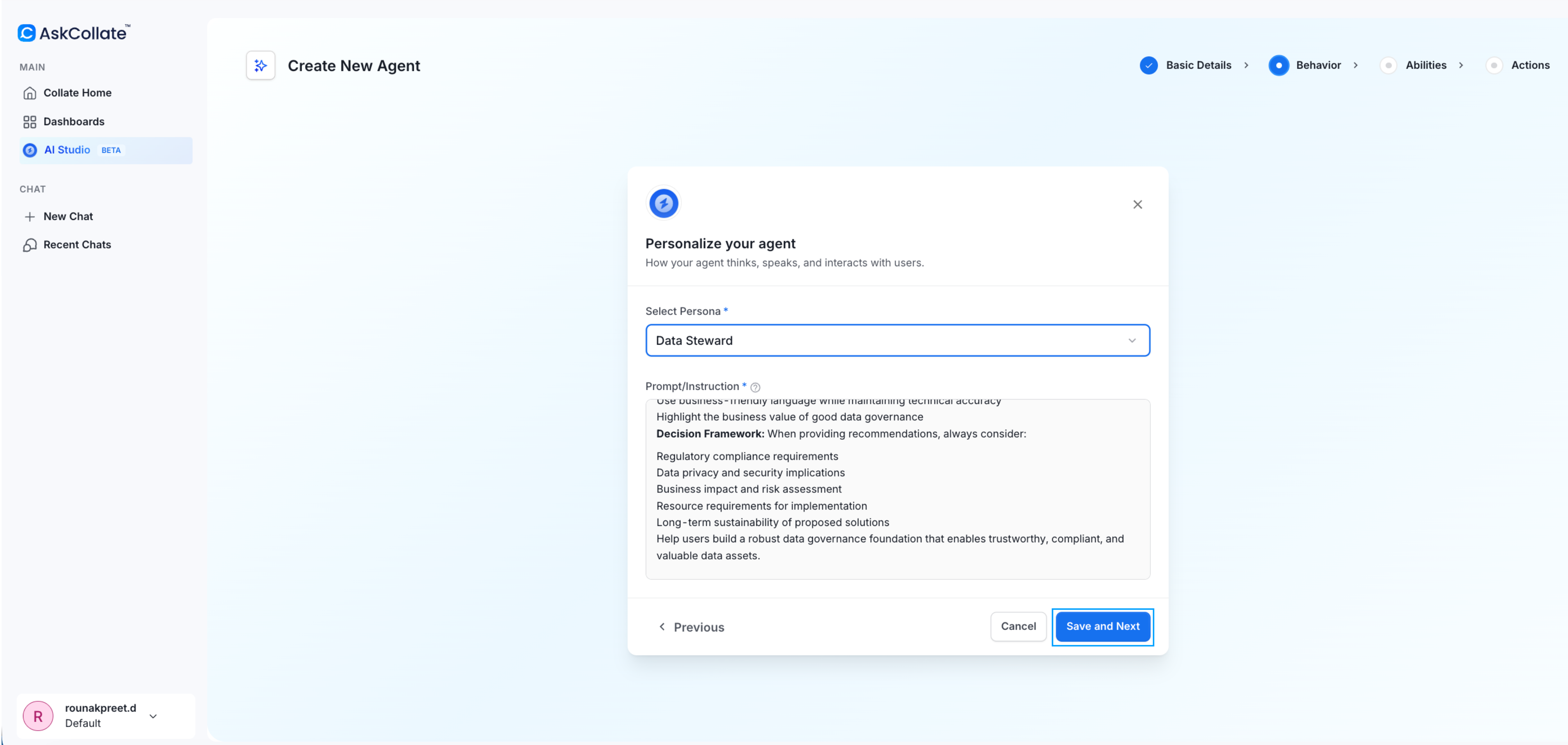Select persona for agent