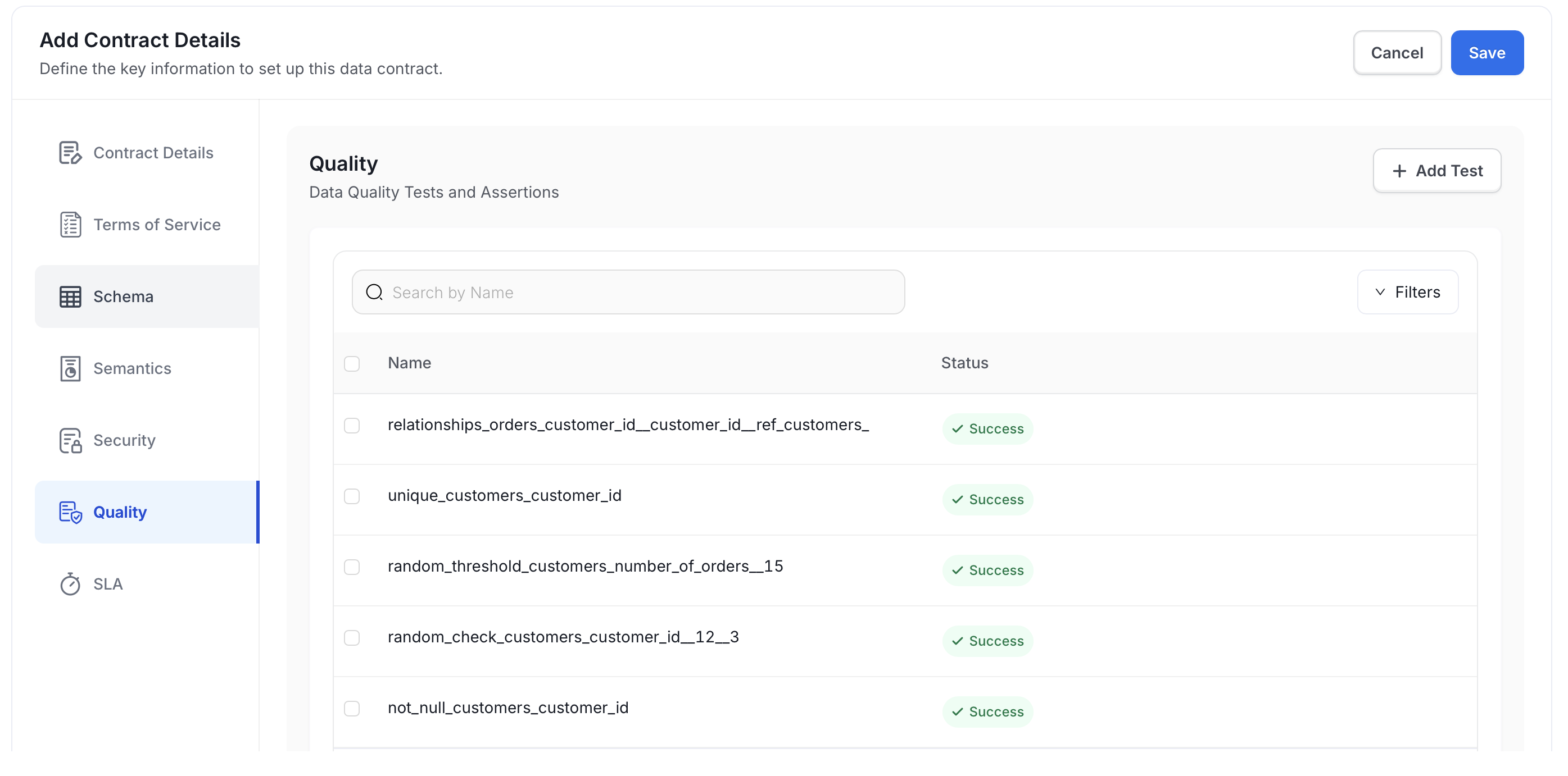 Quality section with data quality tests