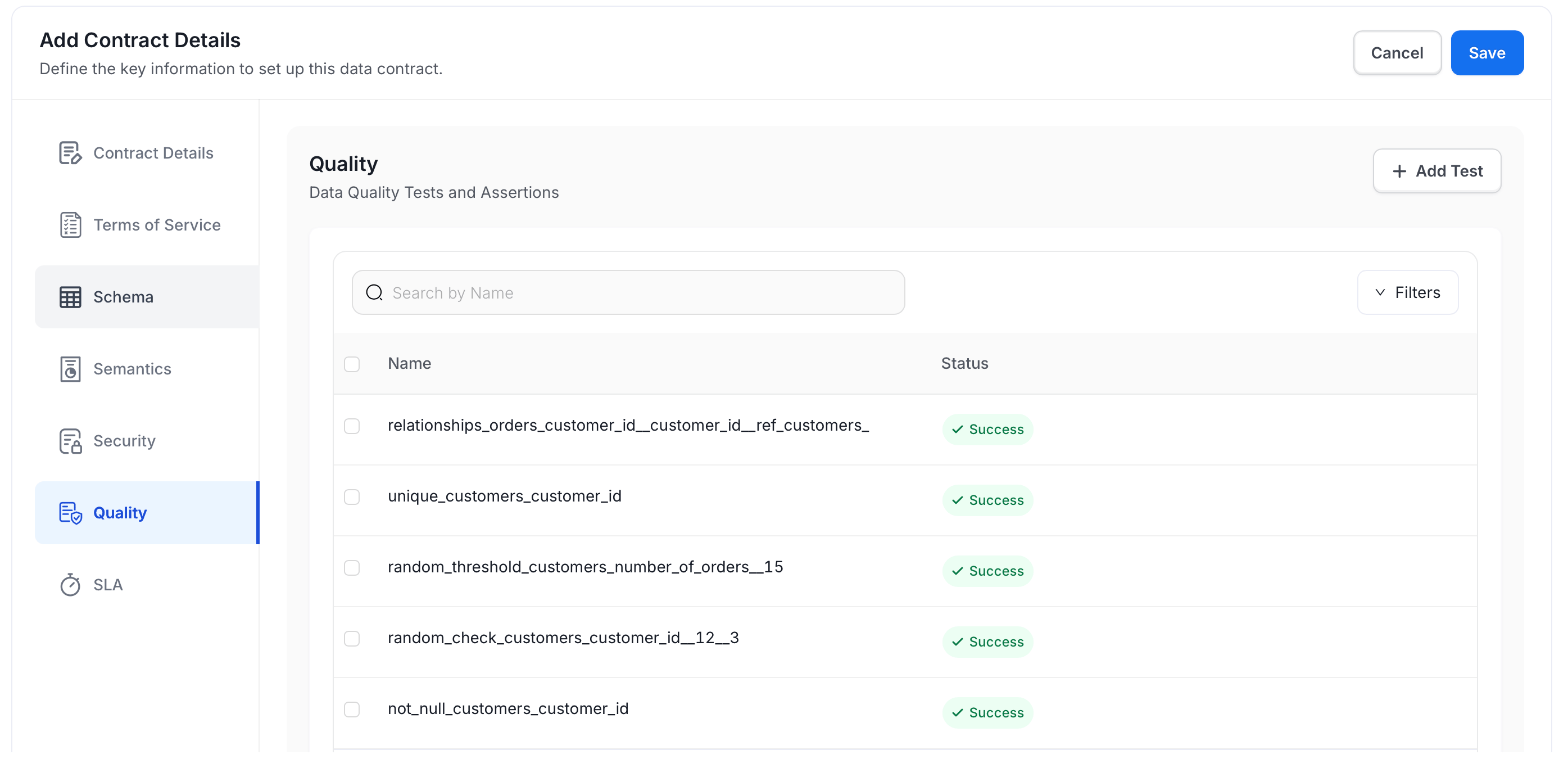 Quality section with data quality tests