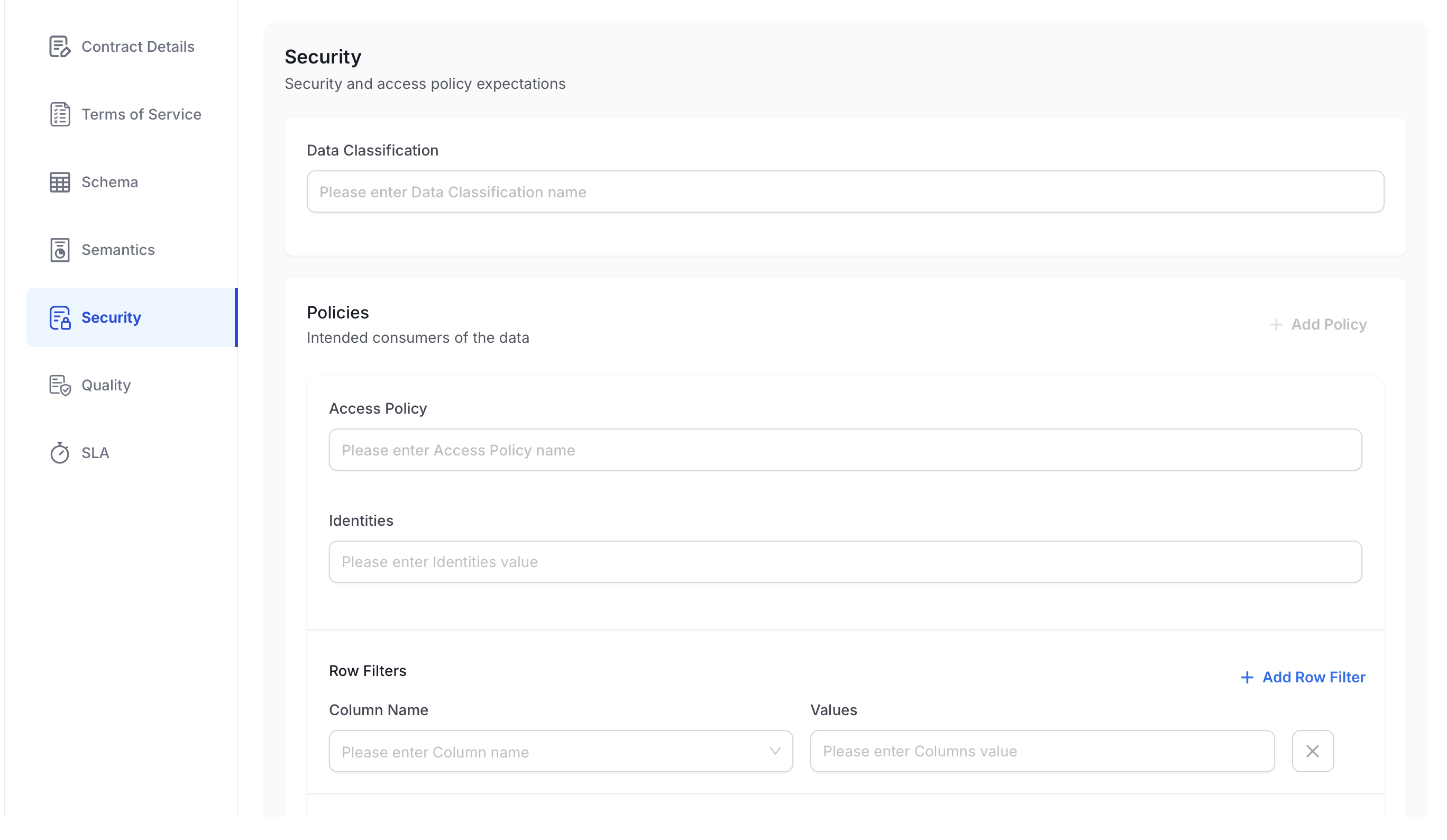 Security section with classification and policies