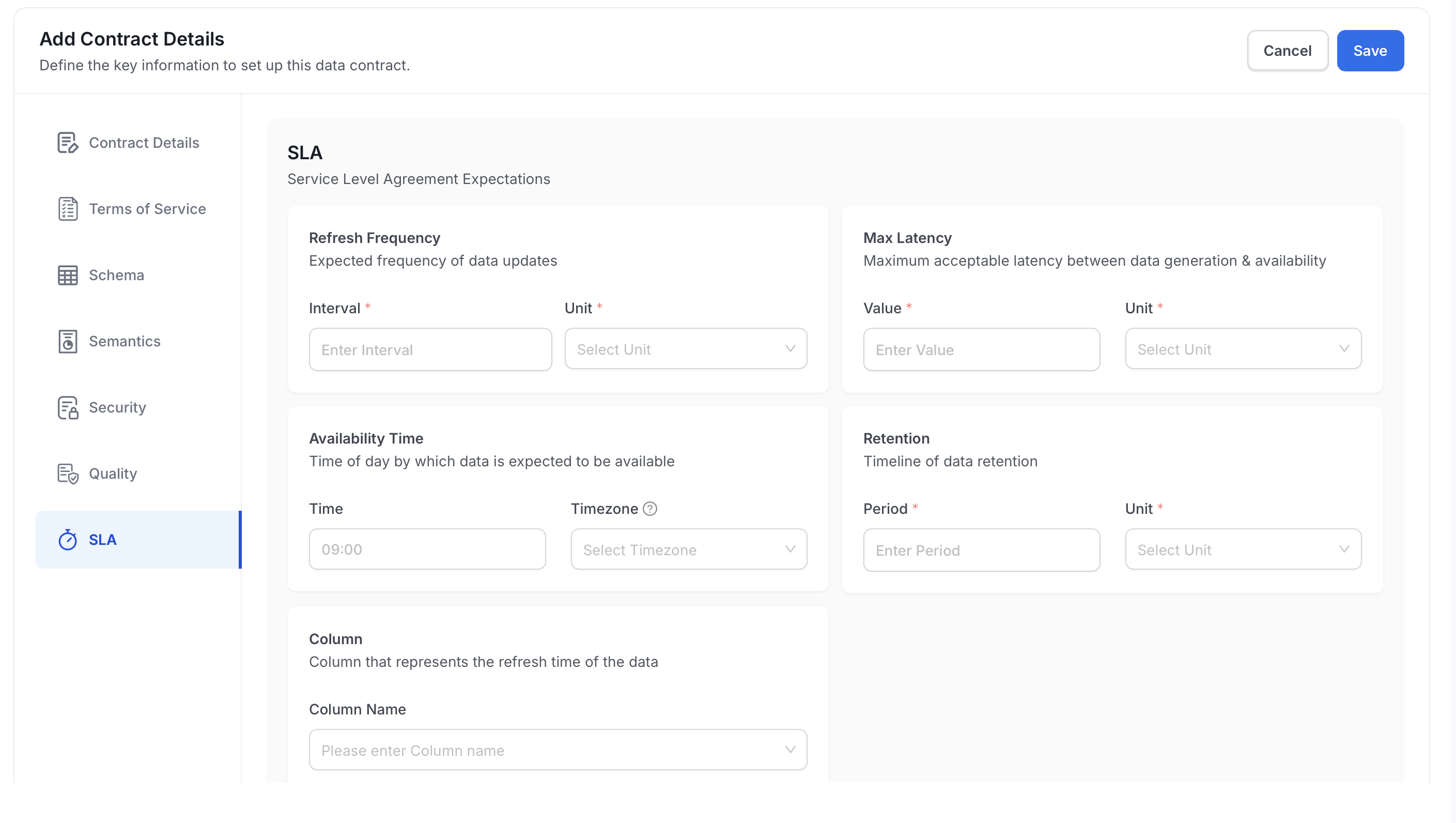 SLA section with service level fields