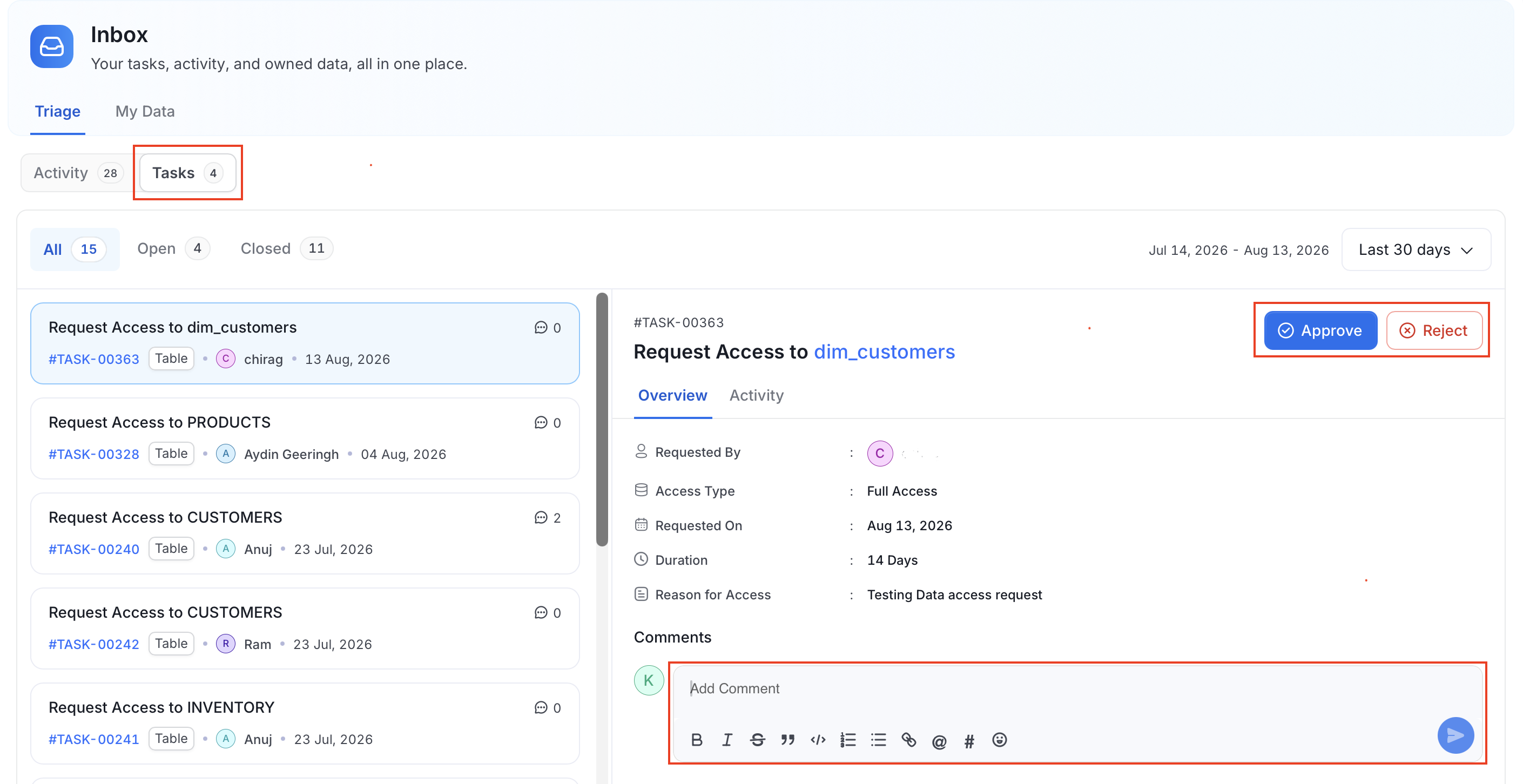 Inbox Tasks sub-tab