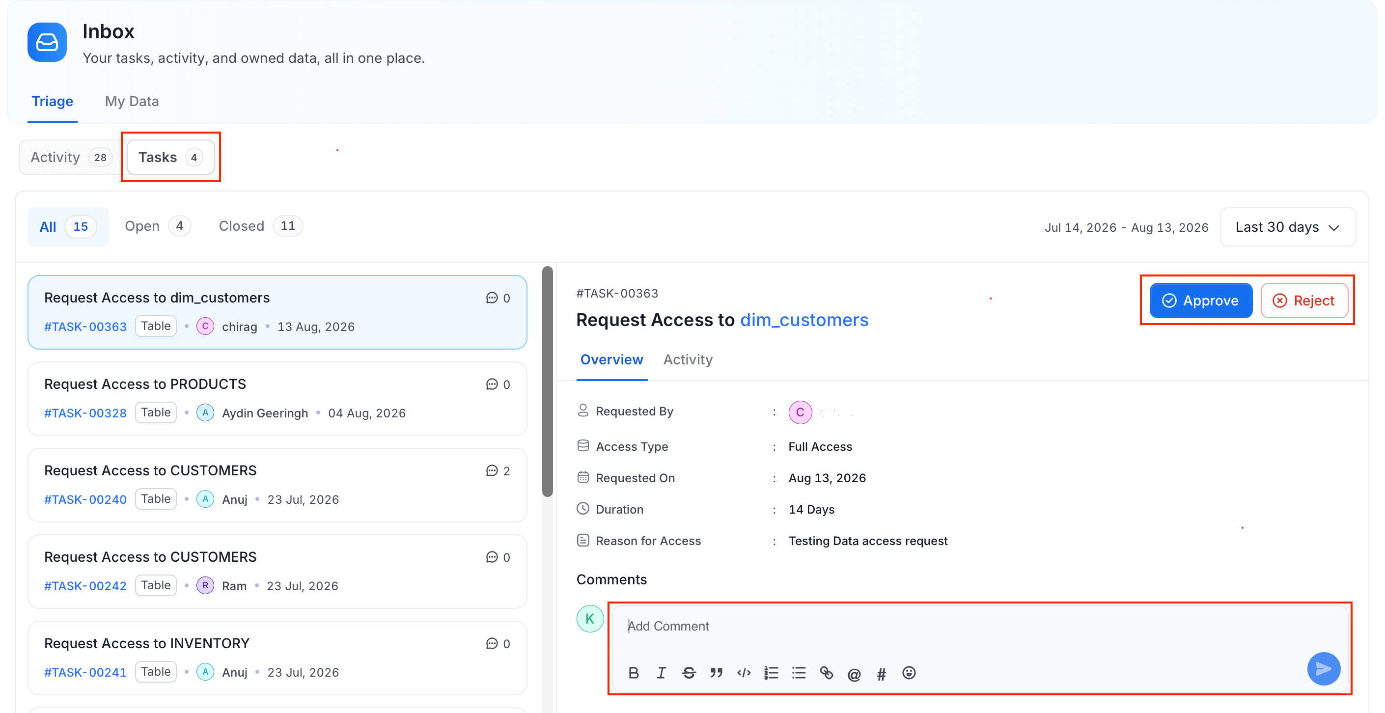 Inbox Tasks sub-tab