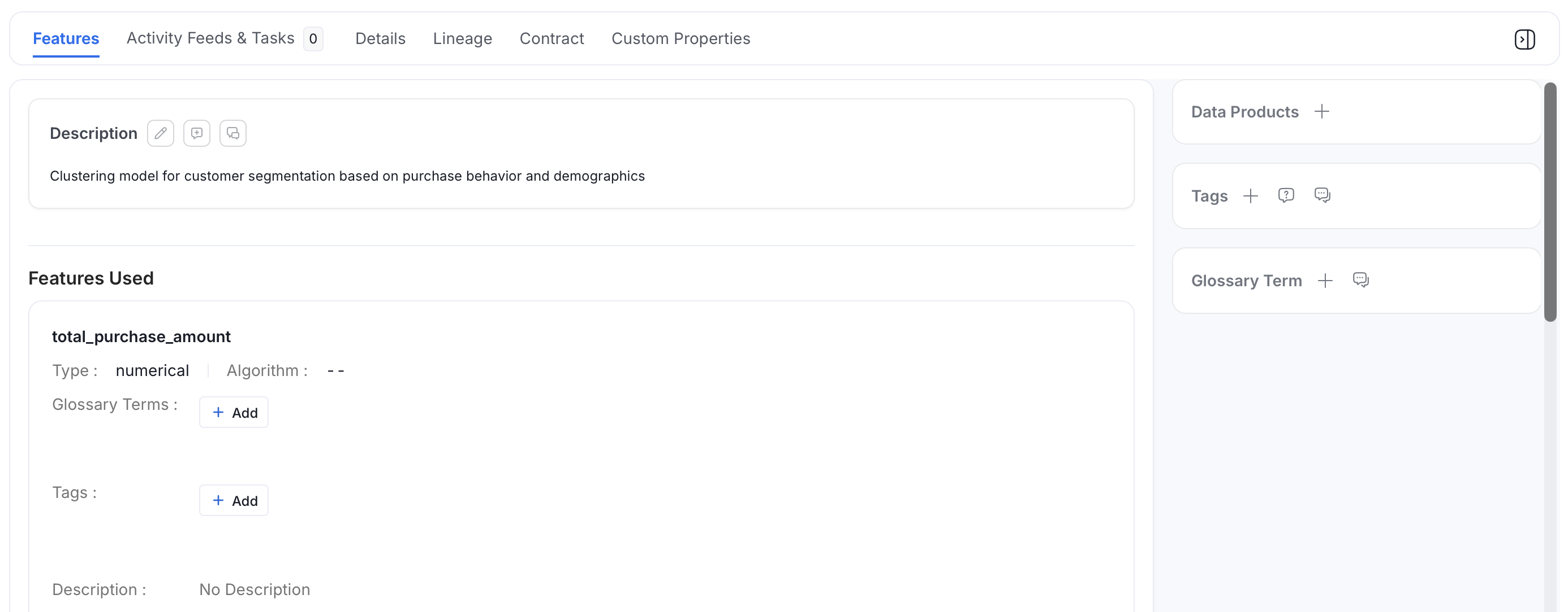 ML Models: Features Tab
