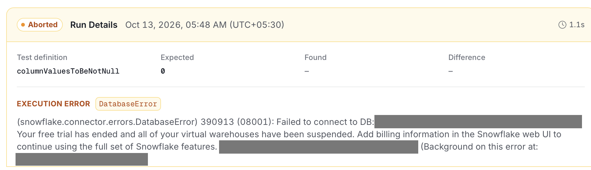 Run Details card of an aborted run with the Execution error section showing a DatabaseError message