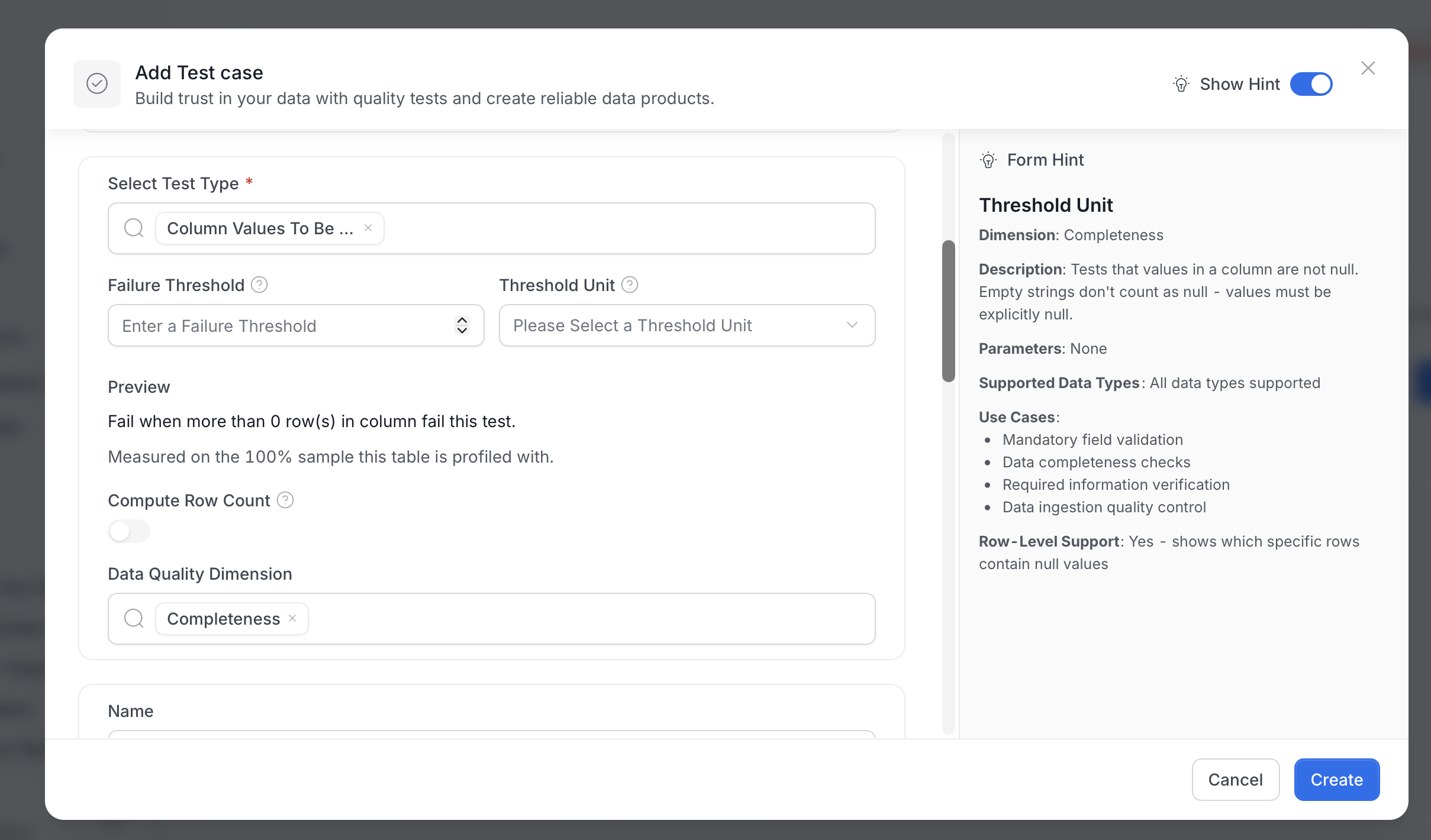 Add Test case form showing the Failure Threshold and Threshold Unit fields with the Preview